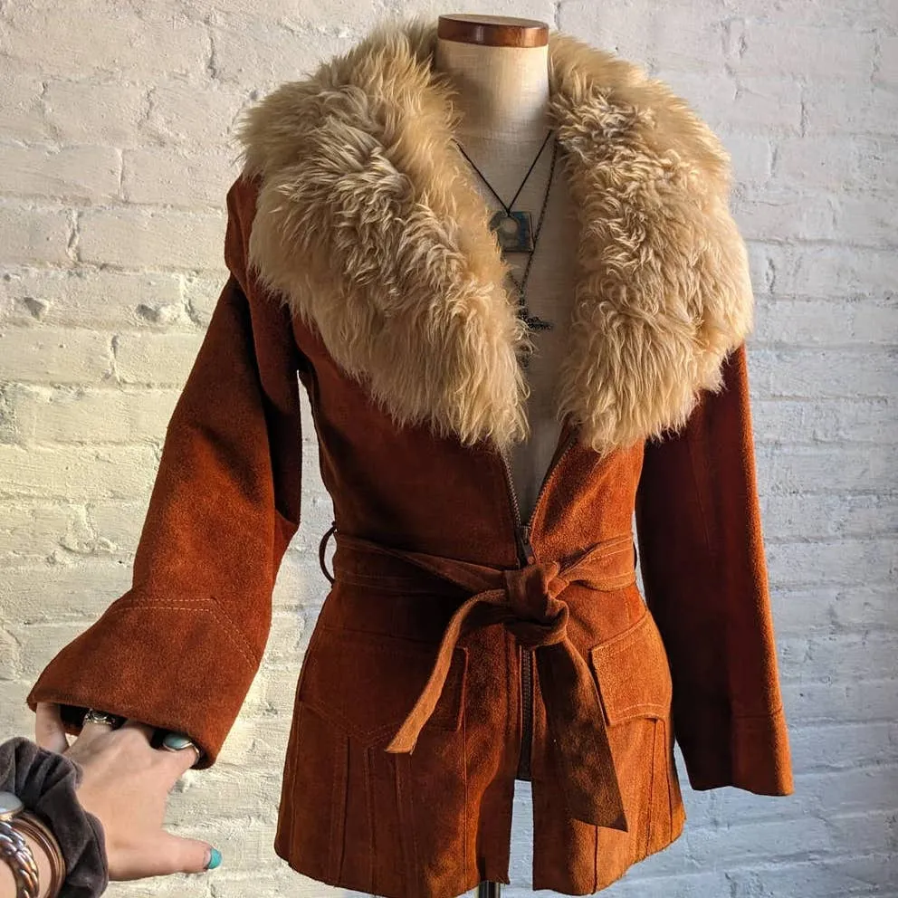 70s Penny Lane Groovy Suede Fur Jacket Furry Genuine Leather Mod Trench Coat