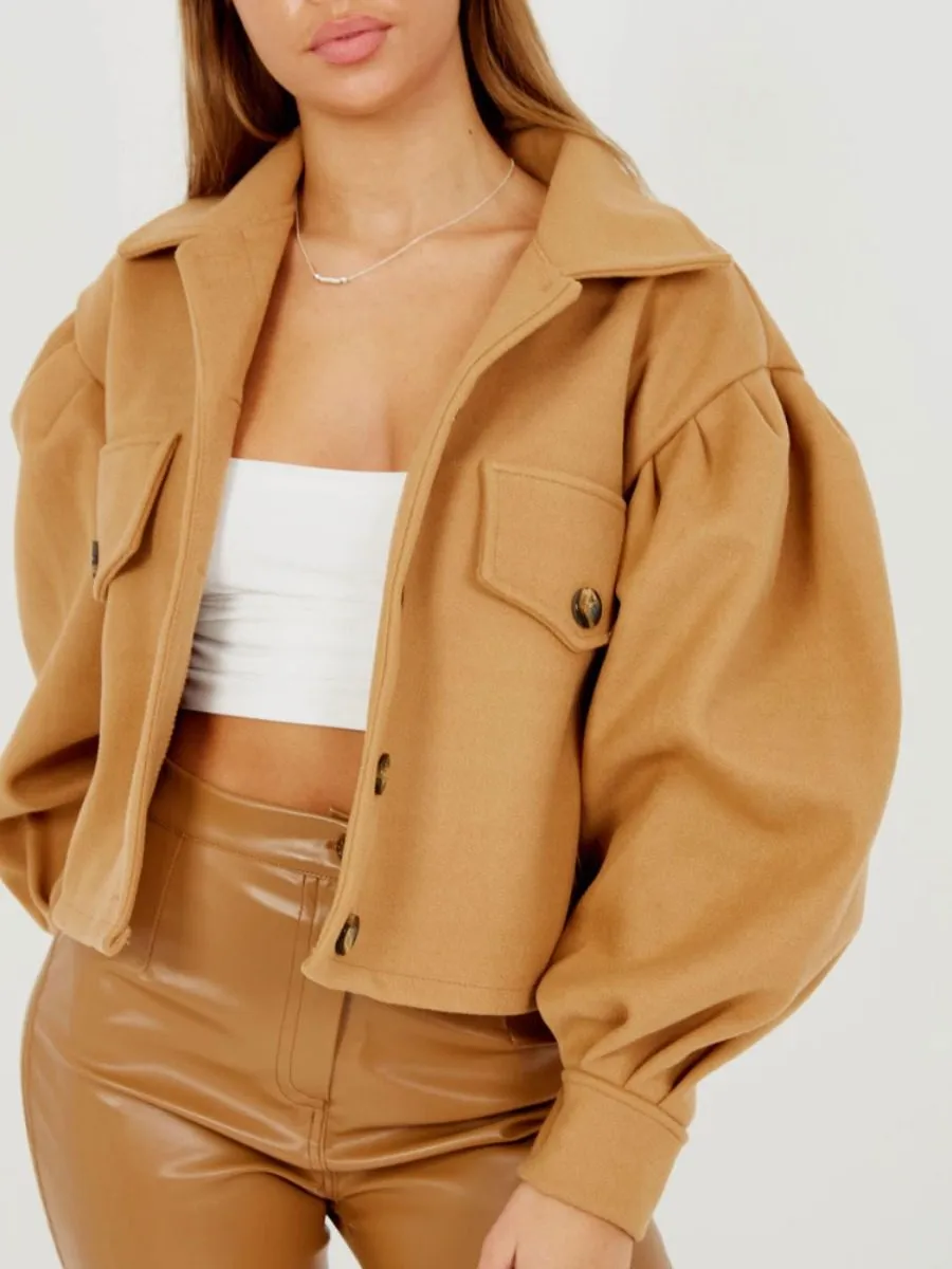 Amber Balloon Sleeve Thick Cropped Jacket In Camel