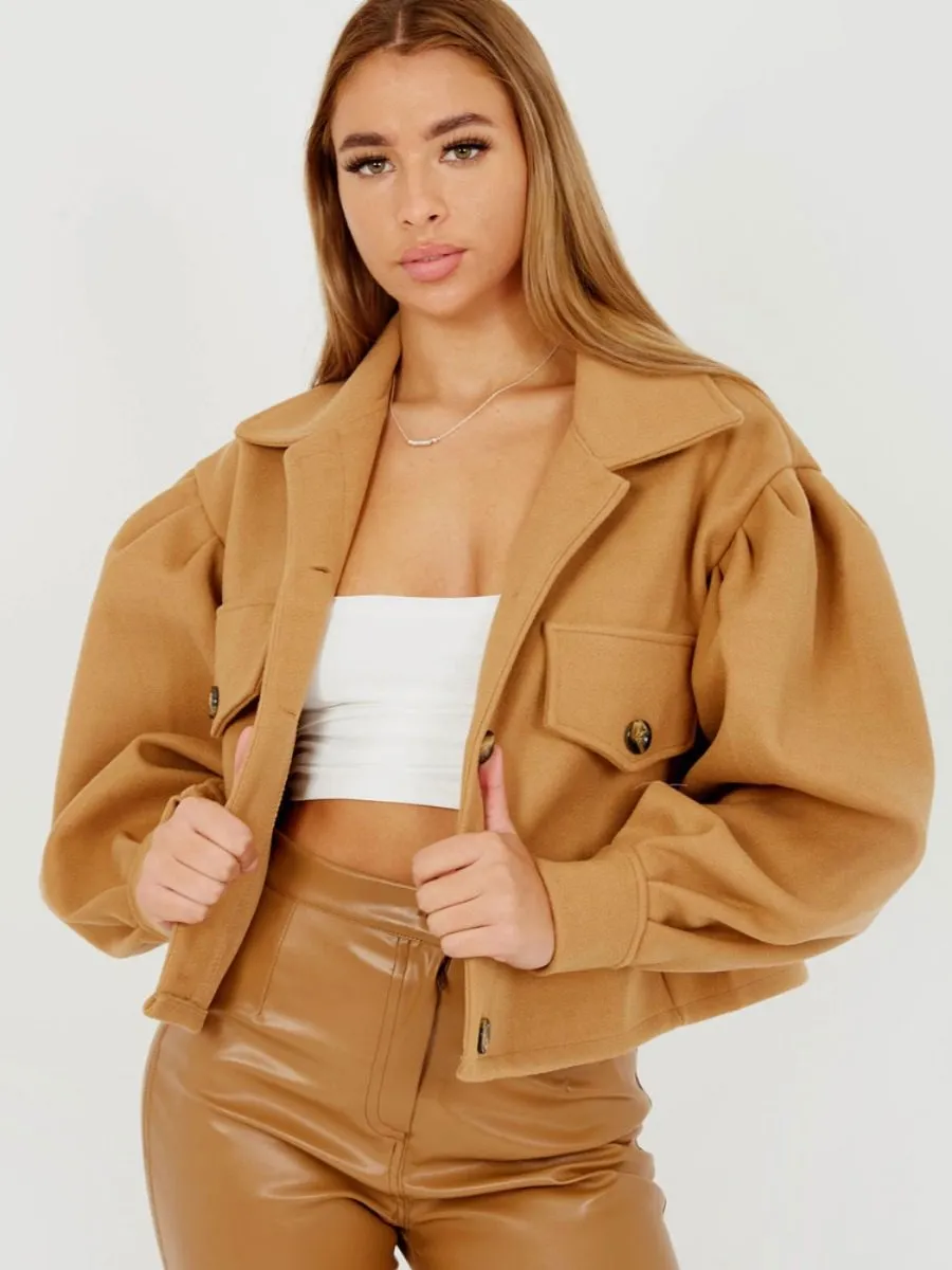 Amber Balloon Sleeve Thick Cropped Jacket In Camel
