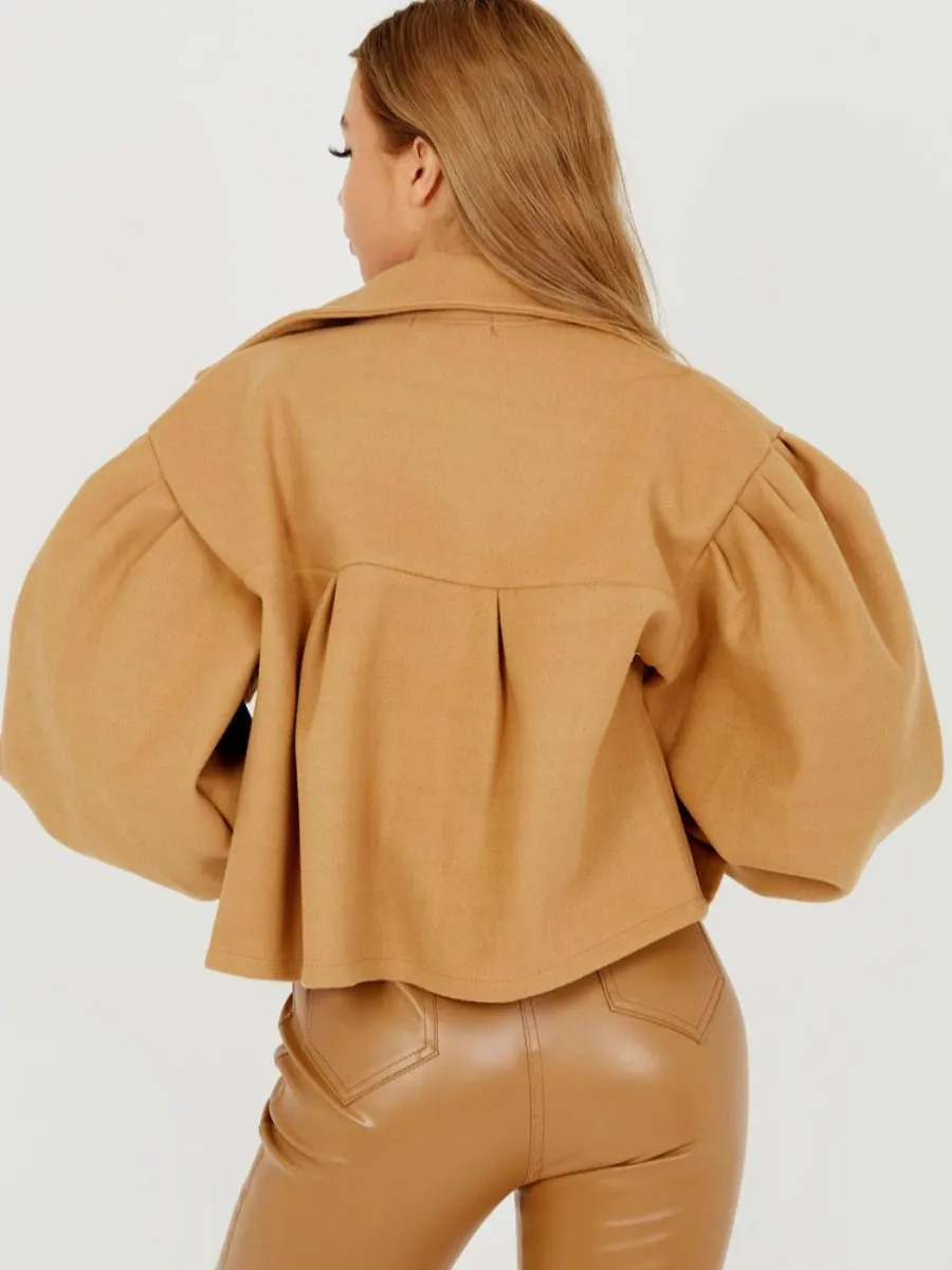 Amber Balloon Sleeve Thick Cropped Jacket In Camel
