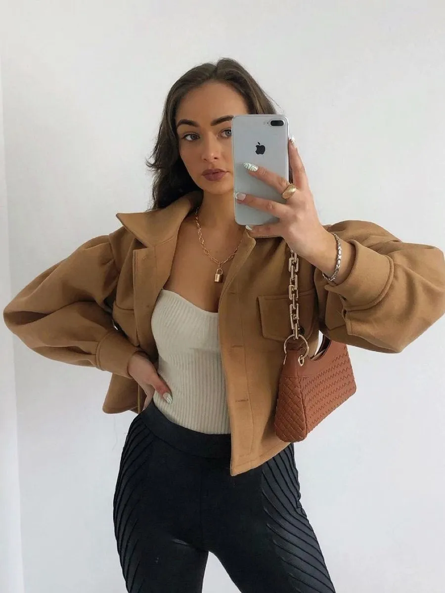 Amber Balloon Sleeve Thick Cropped Jacket In Camel