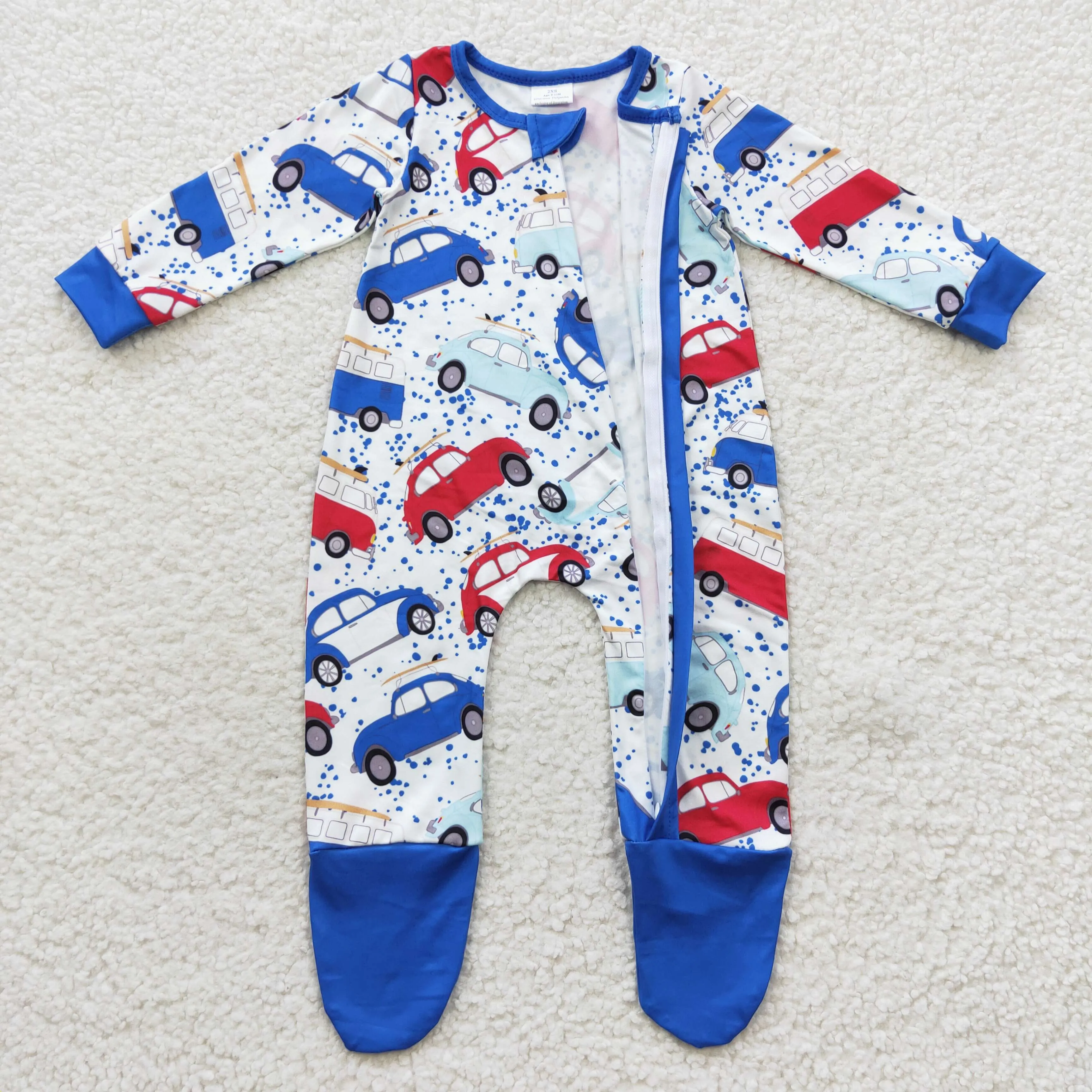 baby blue car print zipper onesie LR0444
