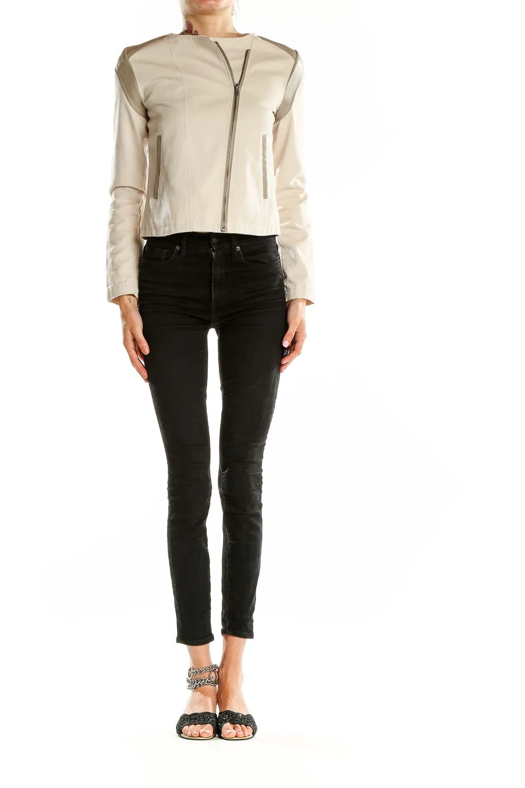 Beige Asymmetric Zip Cropped Jacket