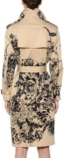 Black-Floral-Printed Trench Coat in Khaki