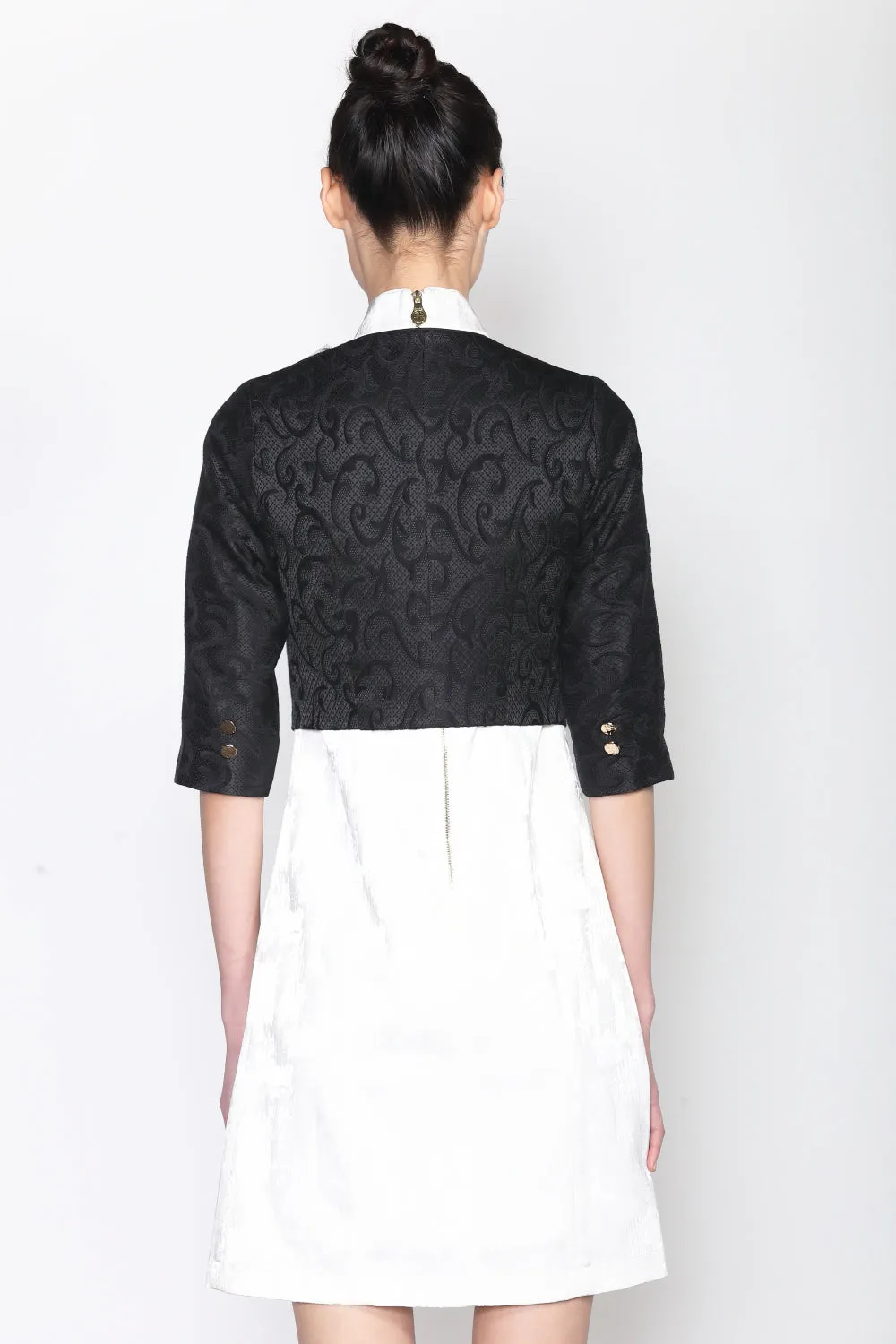 BLACK JACQUARD CROPPED JACKET WITH MESH TRIM