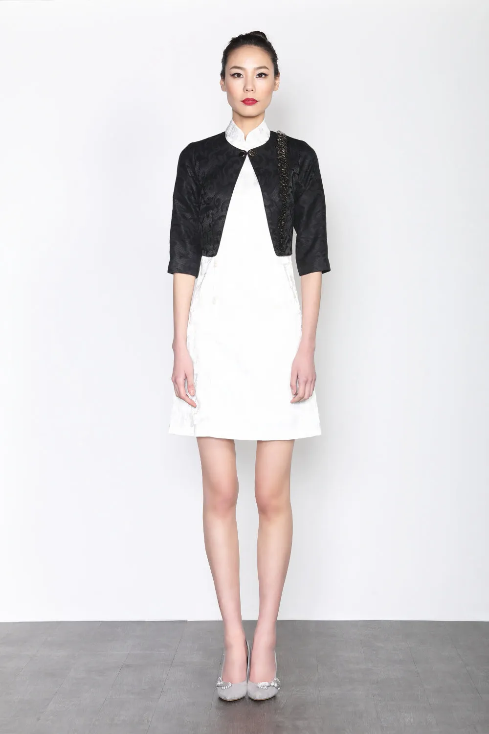 BLACK JACQUARD CROPPED JACKET WITH MESH TRIM
