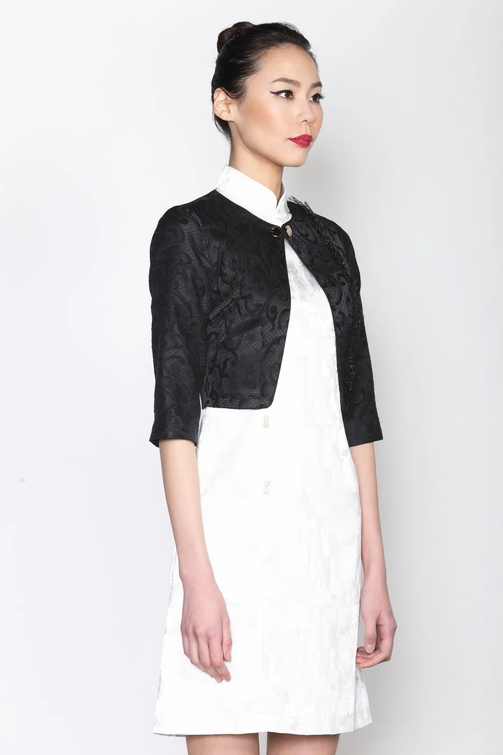 BLACK JACQUARD CROPPED JACKET WITH MESH TRIM