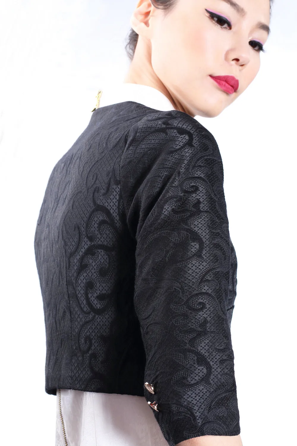 BLACK JACQUARD CROPPED JACKET WITH MESH TRIM