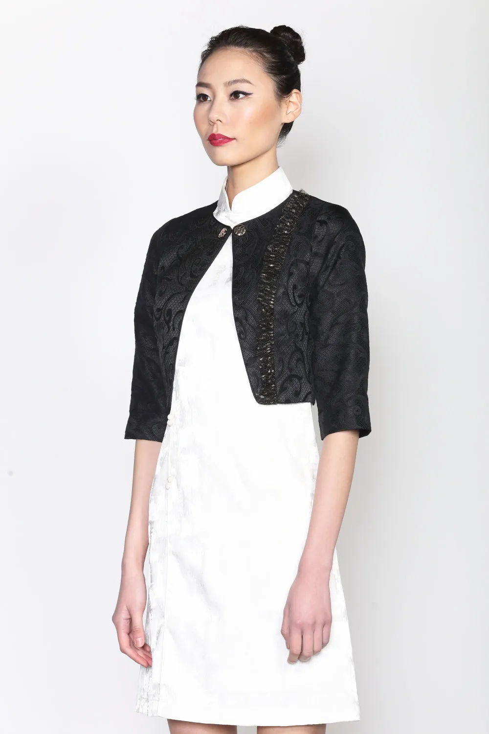BLACK JACQUARD CROPPED JACKET WITH MESH TRIM