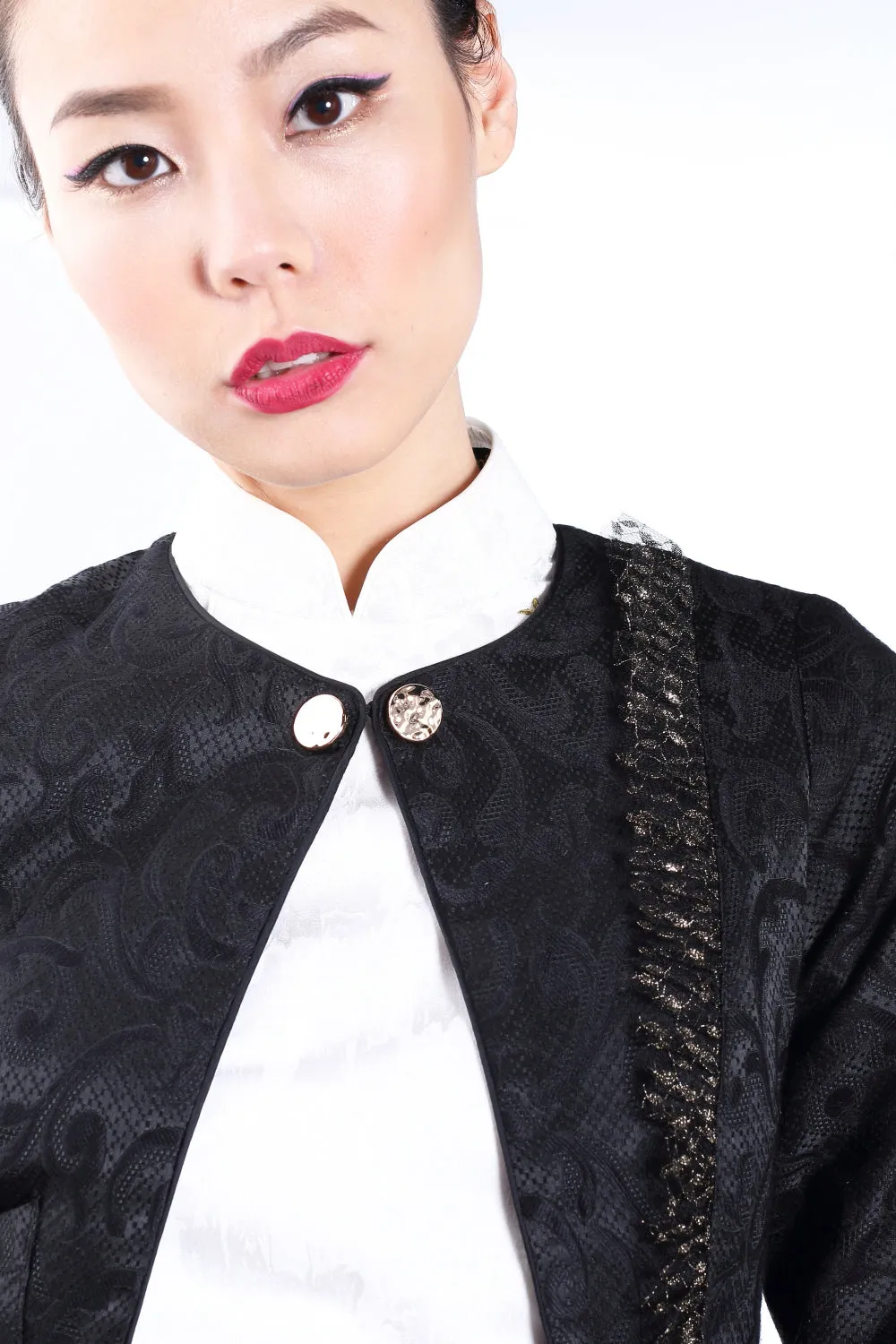 BLACK JACQUARD CROPPED JACKET WITH MESH TRIM