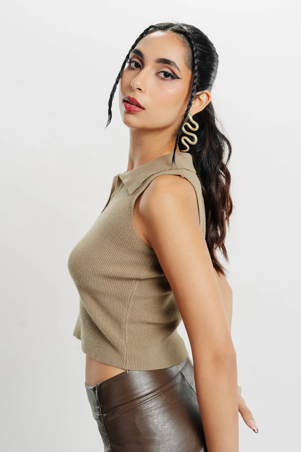 Brown Collared Crop Tank Top