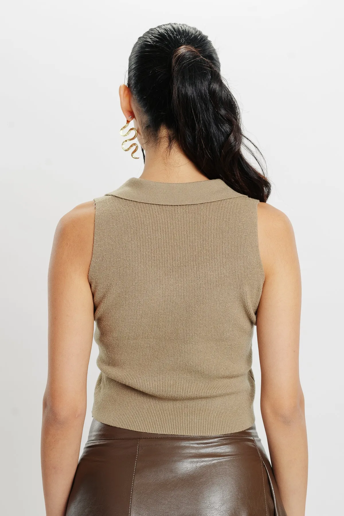 Brown Collared Crop Tank Top