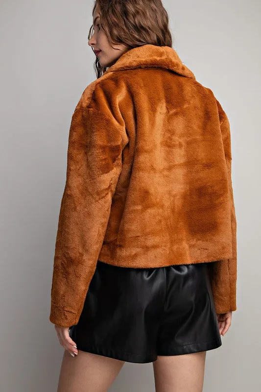 Brown Solid Teddy Fur Open Jacket