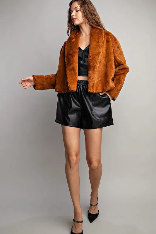 Brown Solid Teddy Fur Open Jacket
