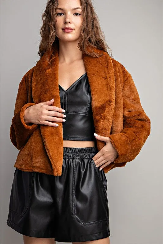 Brown Solid Teddy Fur Open Jacket