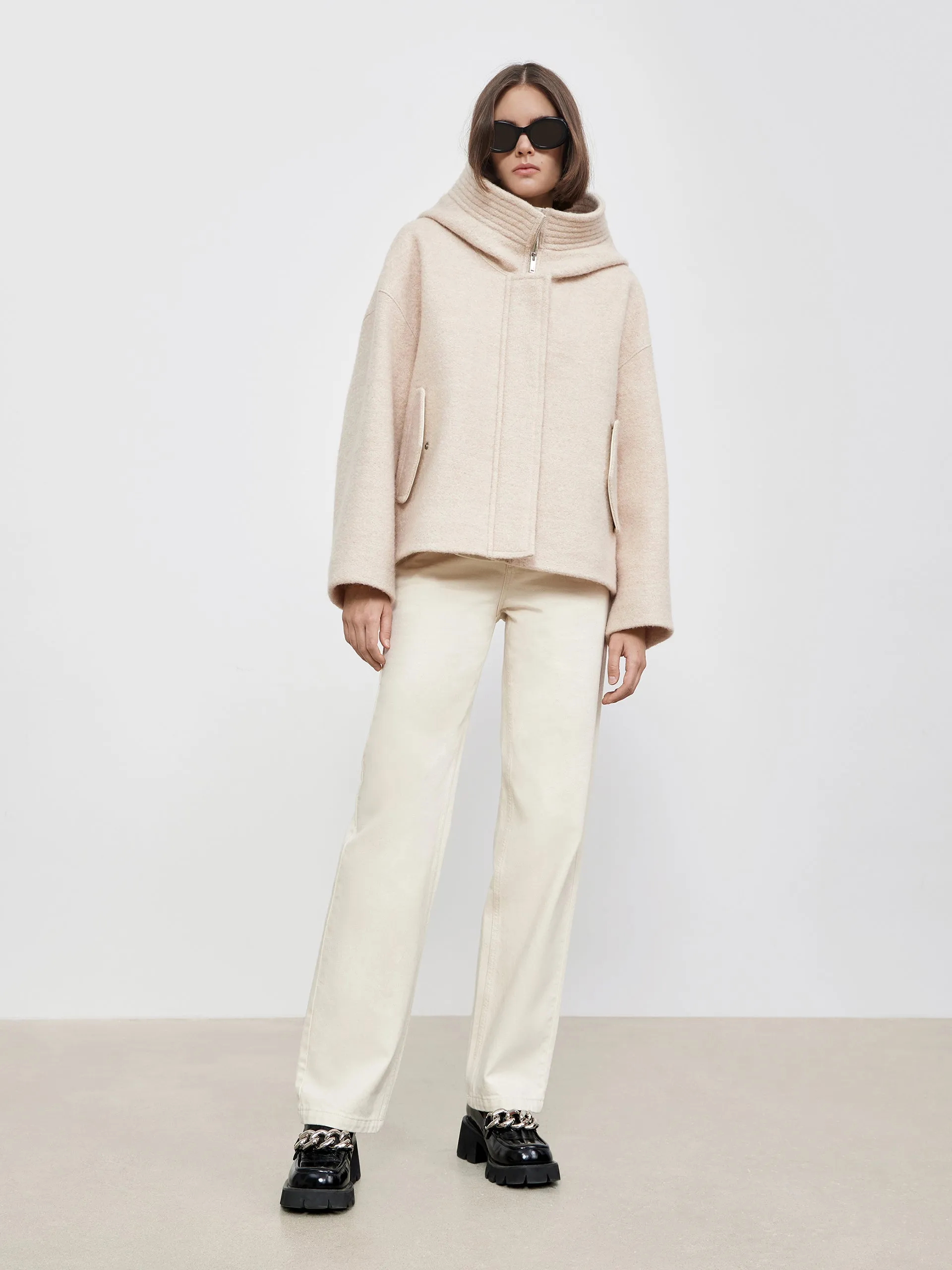 Contrast Hooded Cropped Wool Jacket