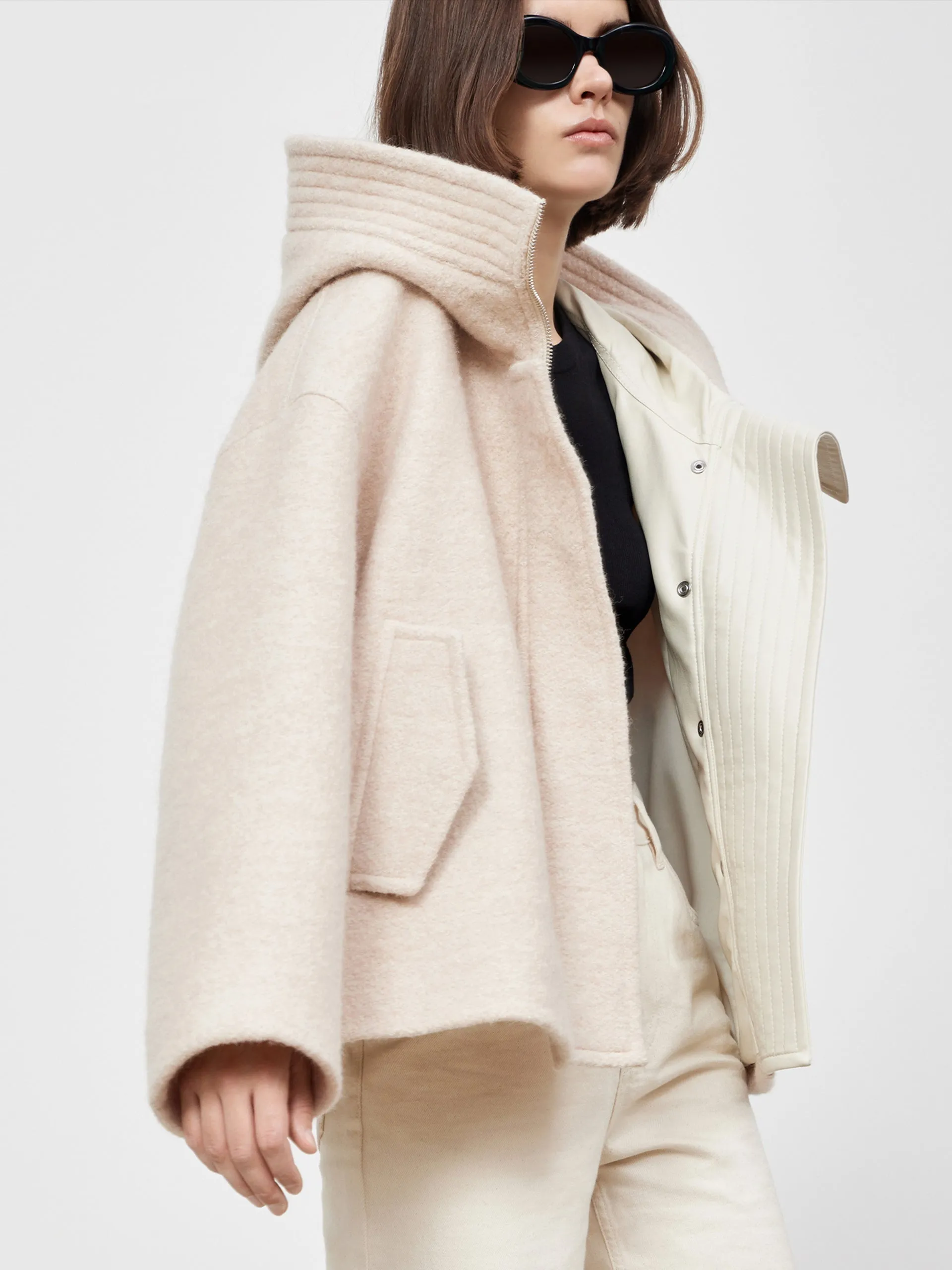 Contrast Hooded Cropped Wool Jacket