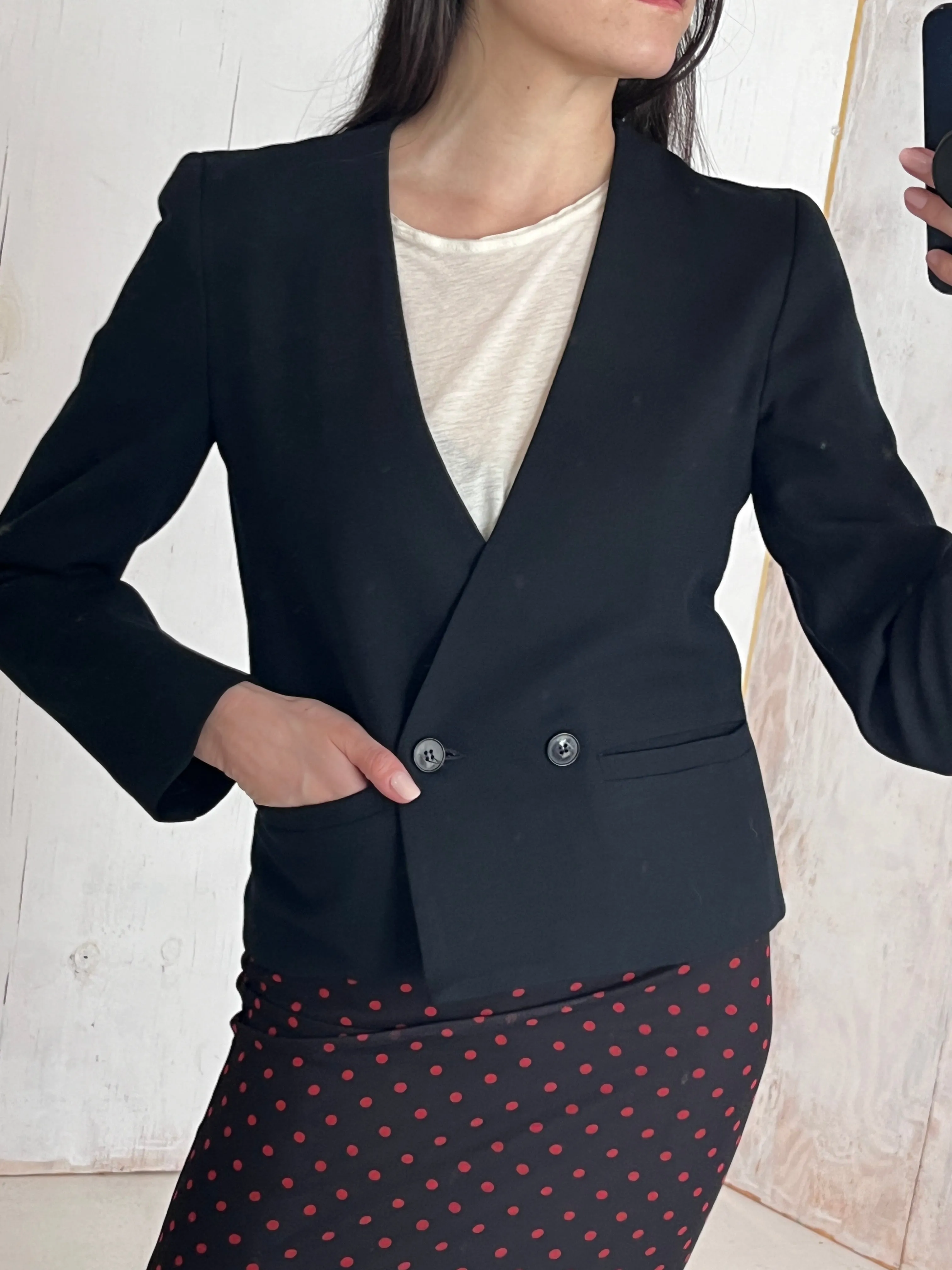 Cropped black wool tuxedo jacket