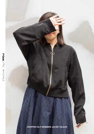 Cropped Slit Bomber Jacket Black