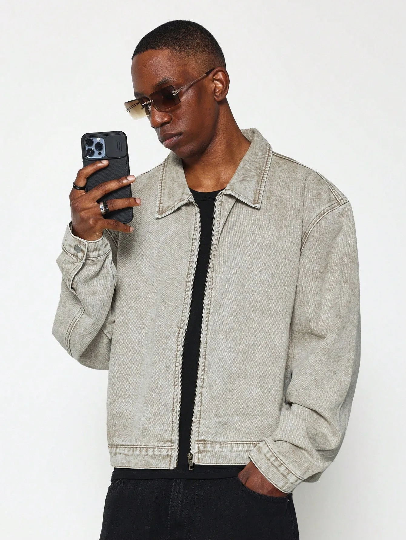 Cropped Washed Denim Worker Jacket