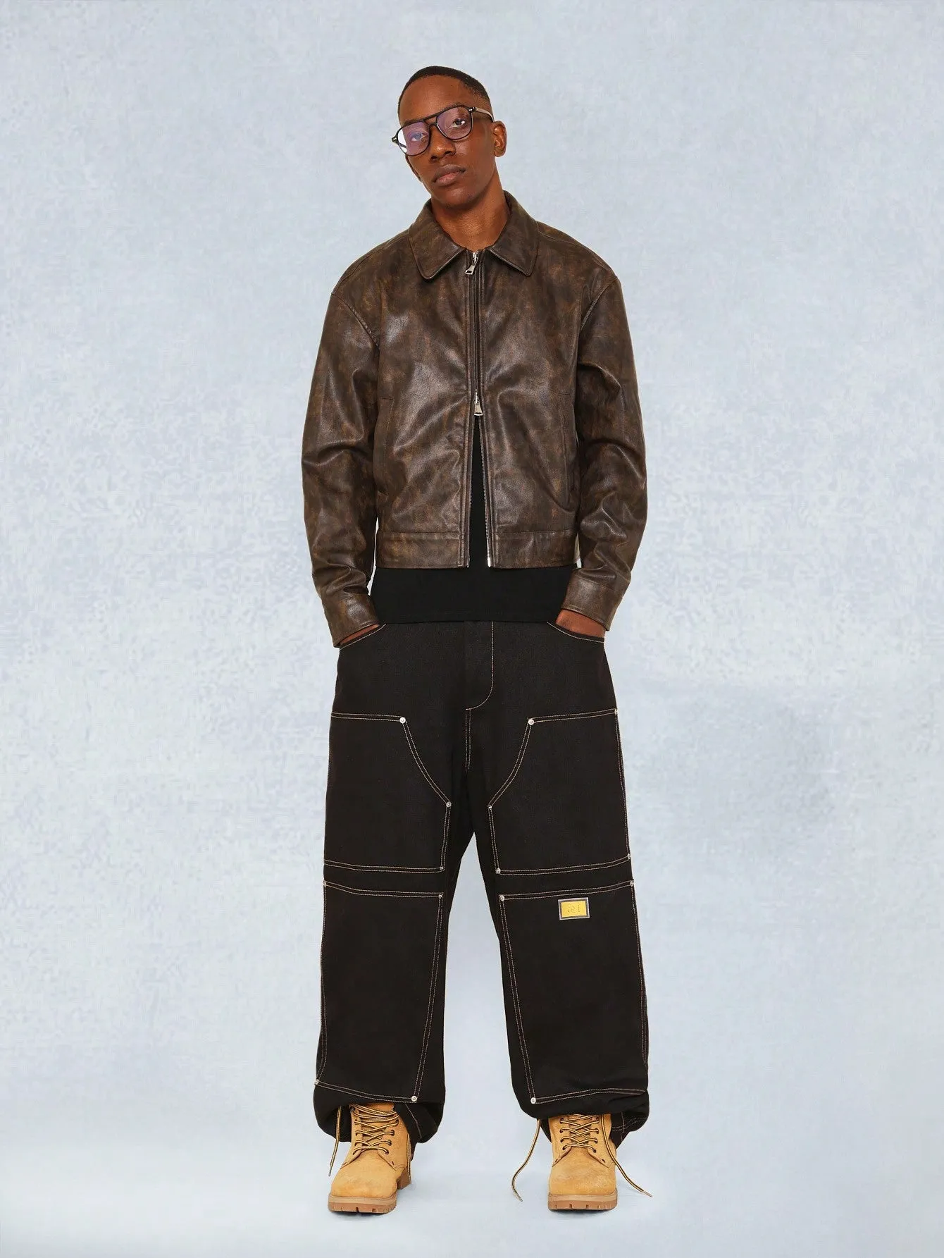Cropped Washed PU Worker Jacket