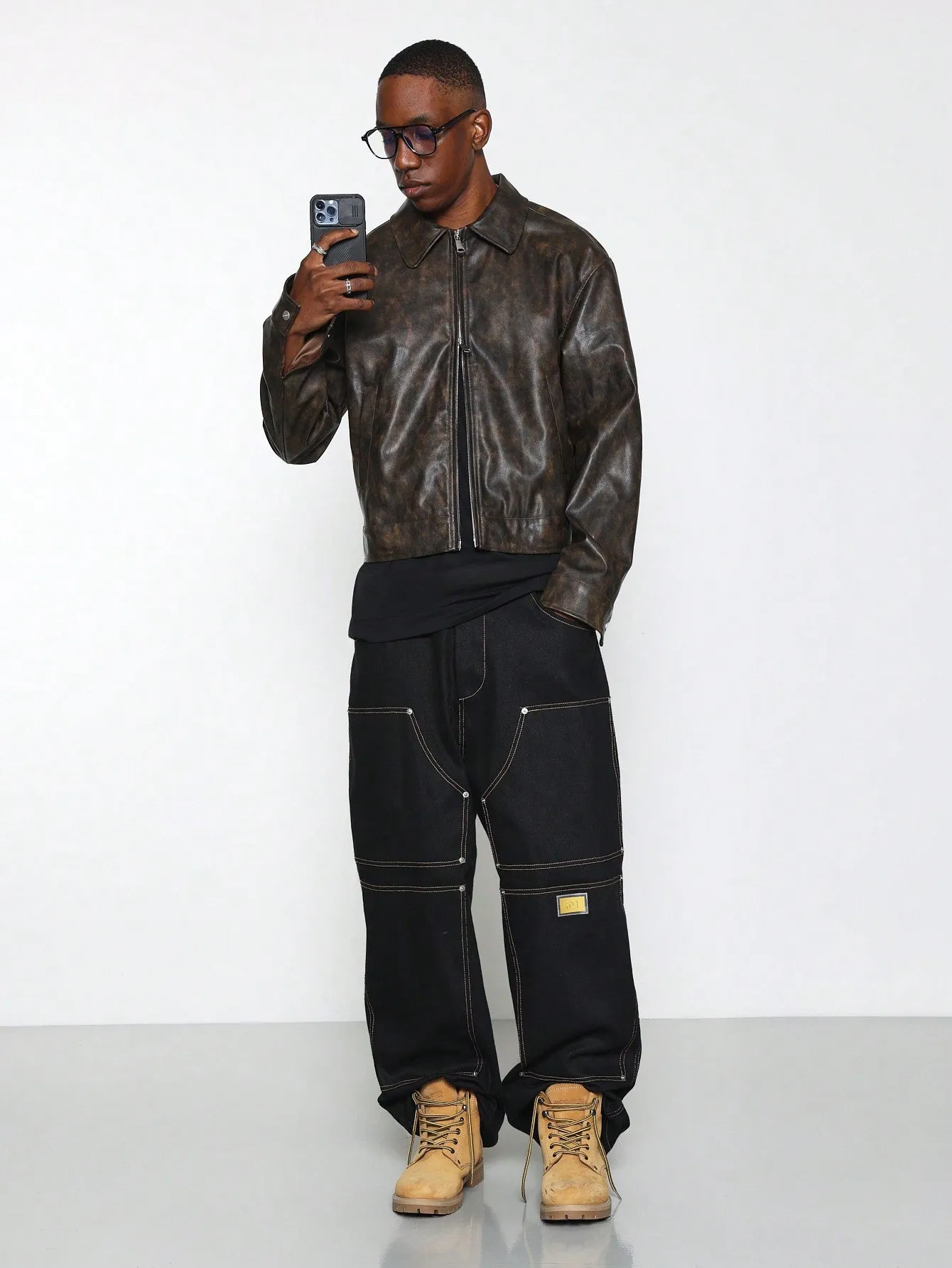 Cropped Washed PU Worker Jacket