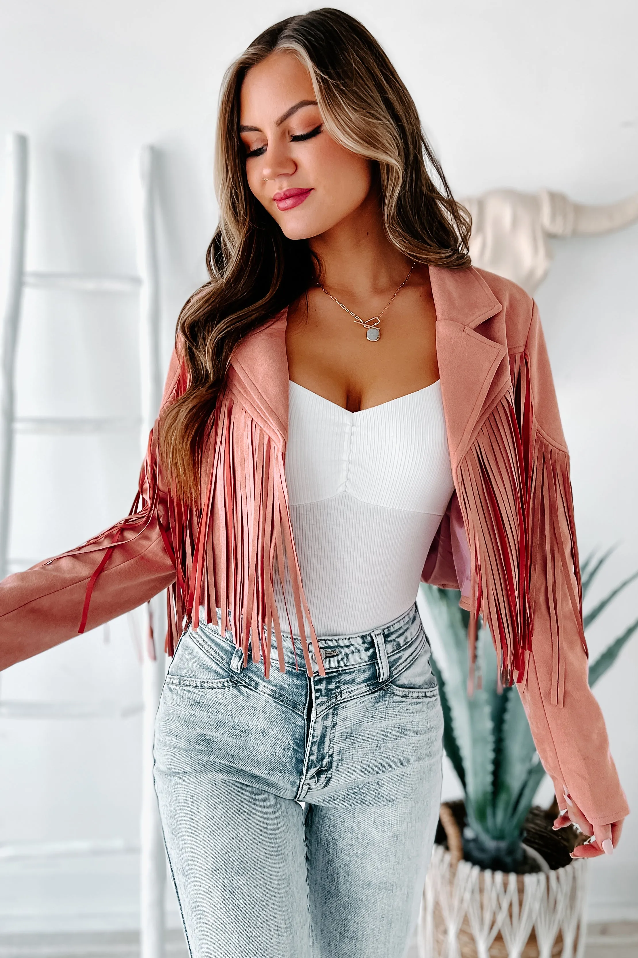 Daring Delight Faux Suede Fringe Jacket (Mauve)