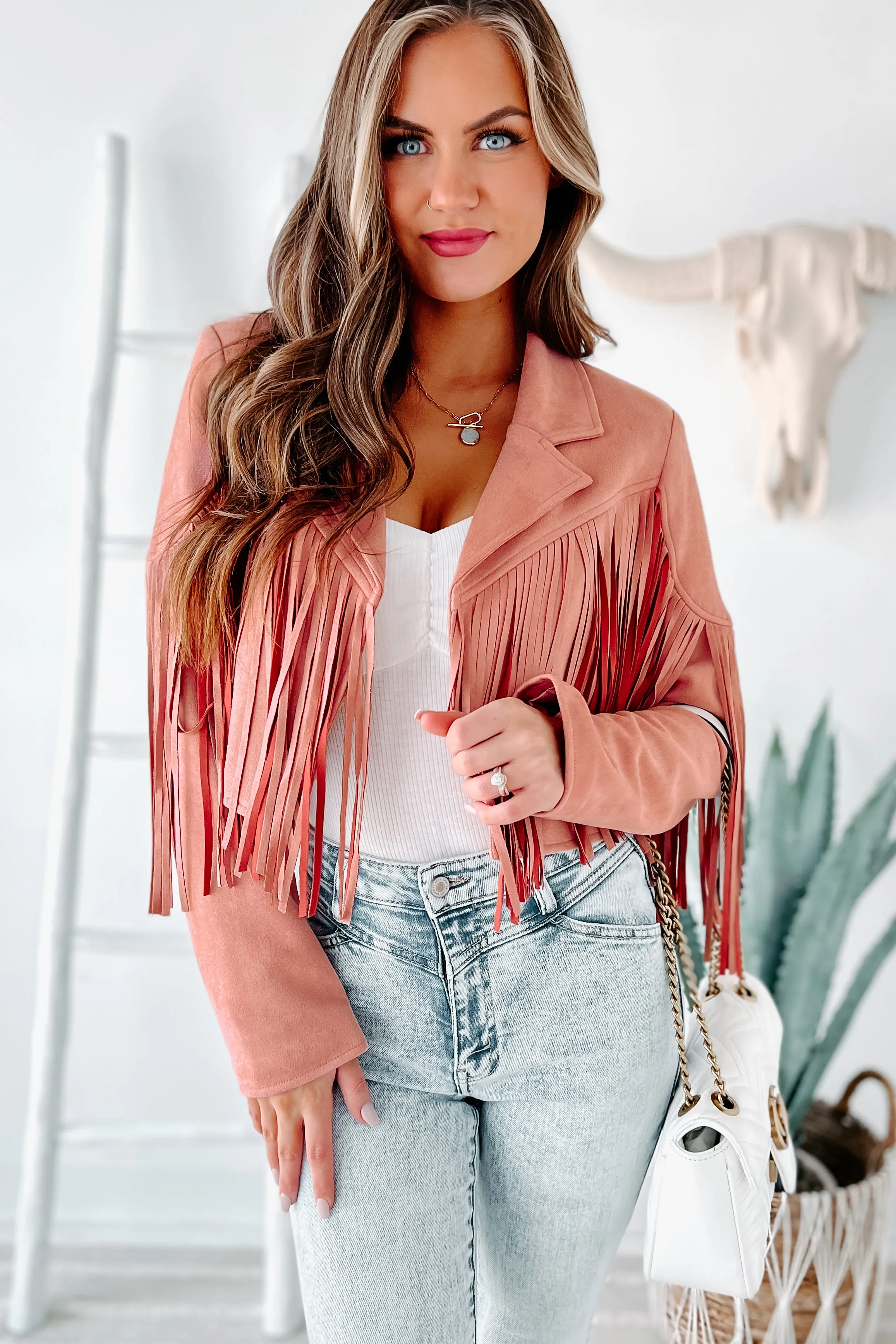 Daring Delight Faux Suede Fringe Jacket (Mauve)