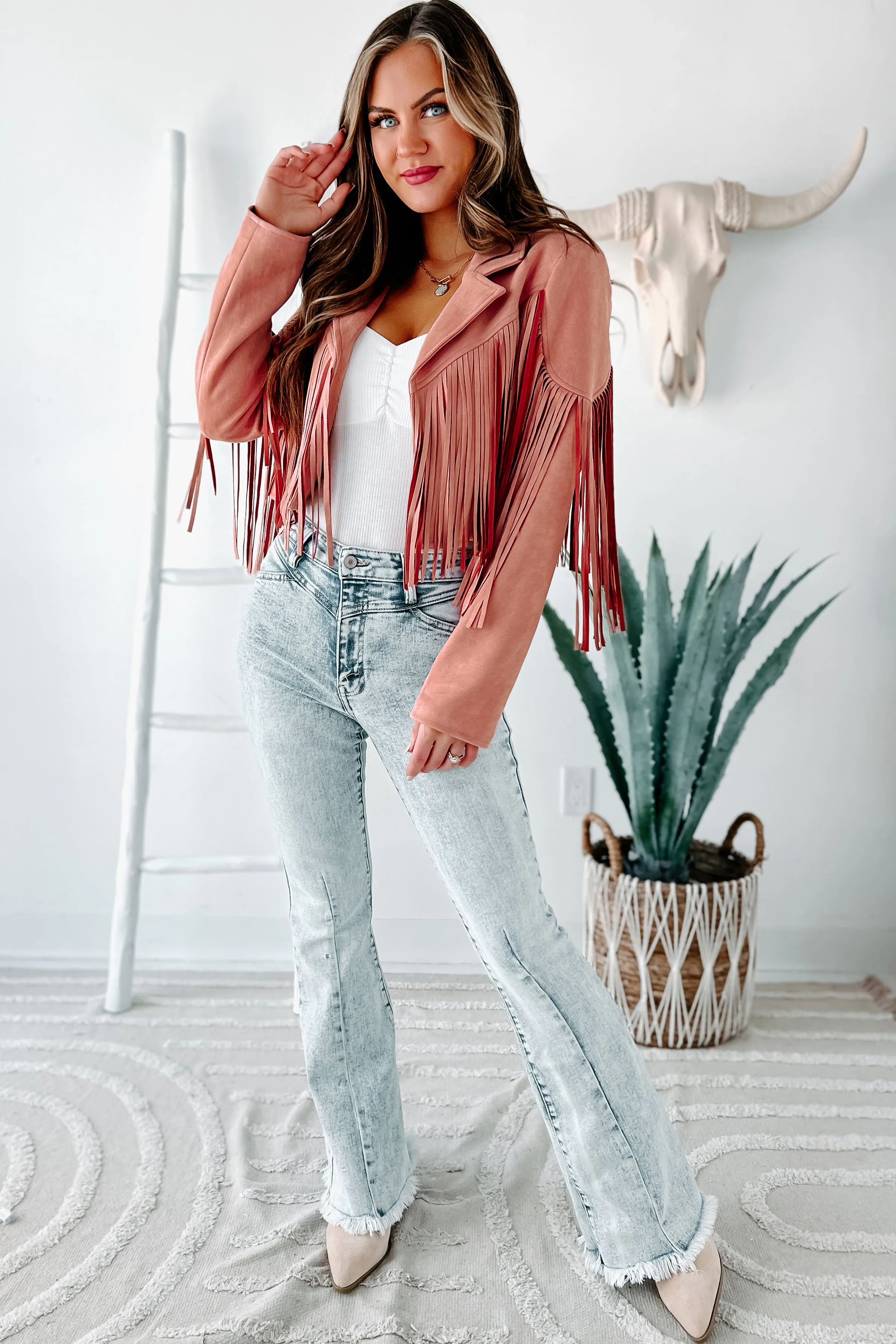 Daring Delight Faux Suede Fringe Jacket (Mauve)