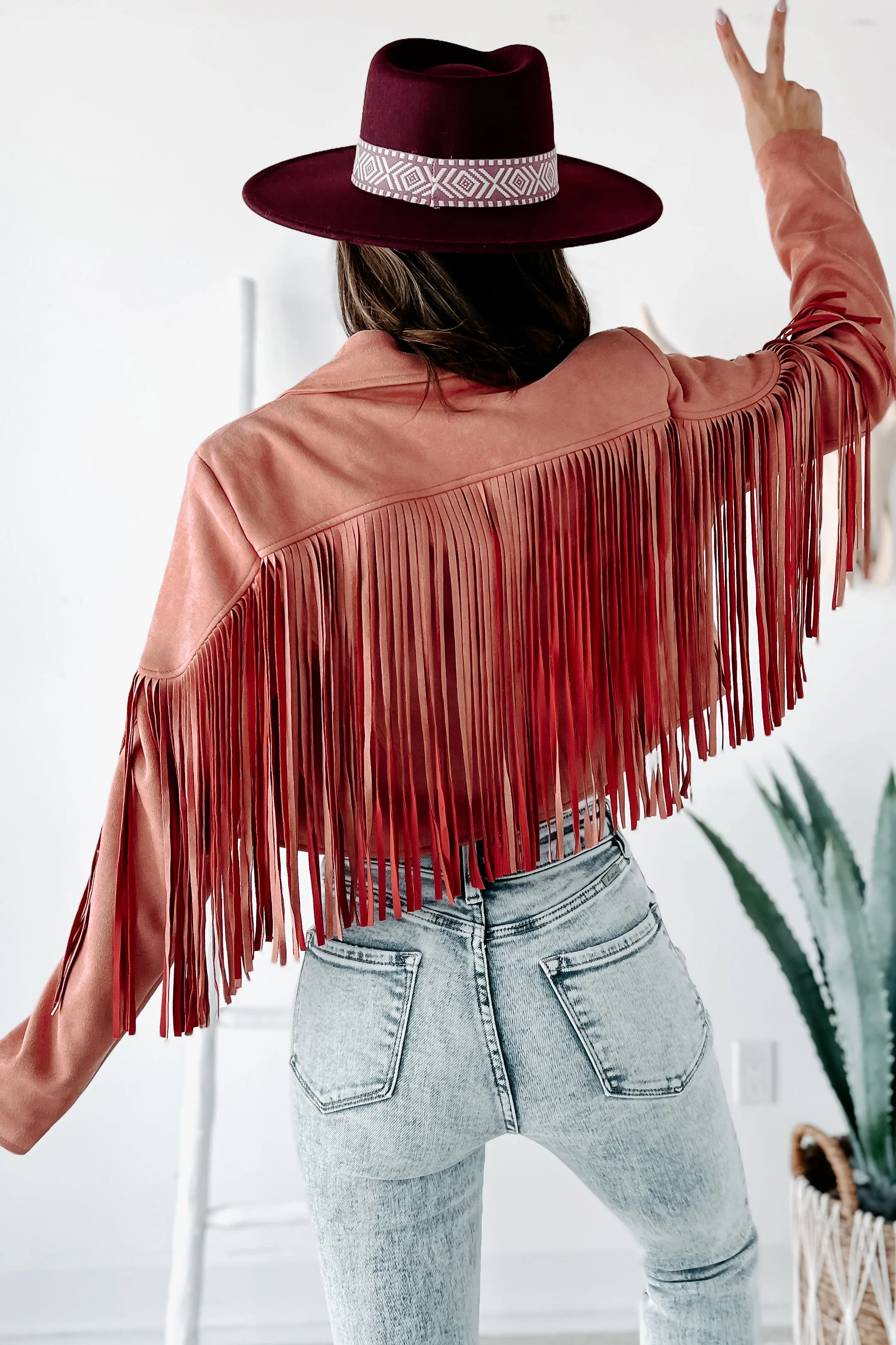 Daring Delight Faux Suede Fringe Jacket (Mauve)