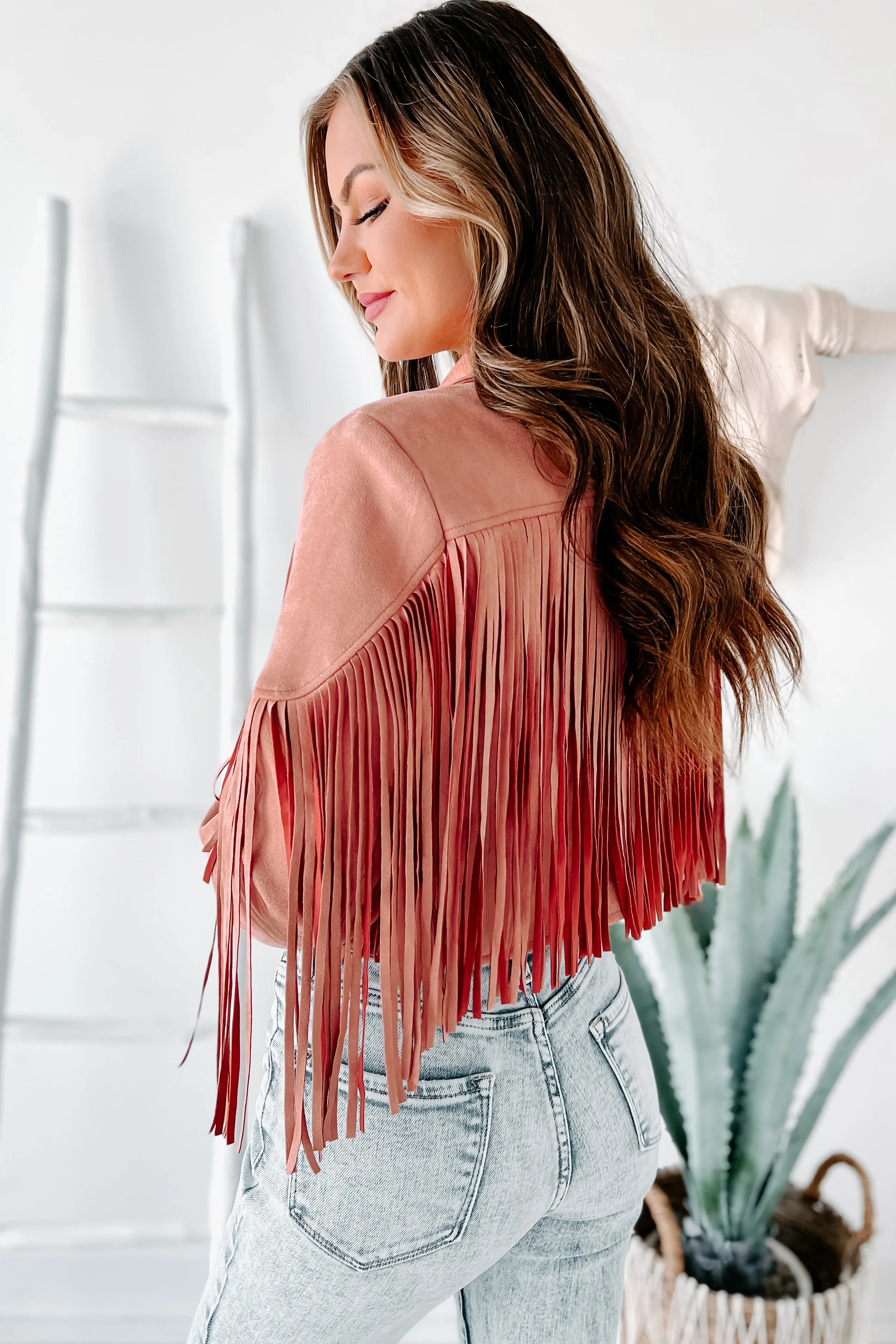 Daring Delight Faux Suede Fringe Jacket (Mauve)