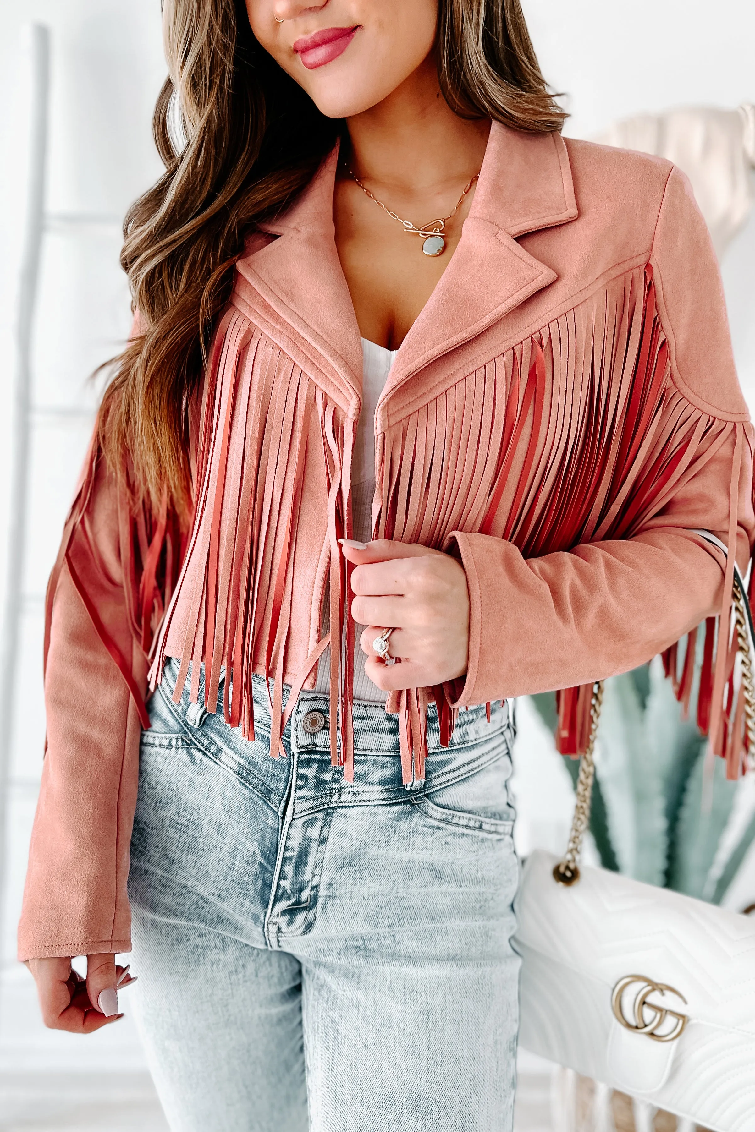 Daring Delight Faux Suede Fringe Jacket (Mauve)