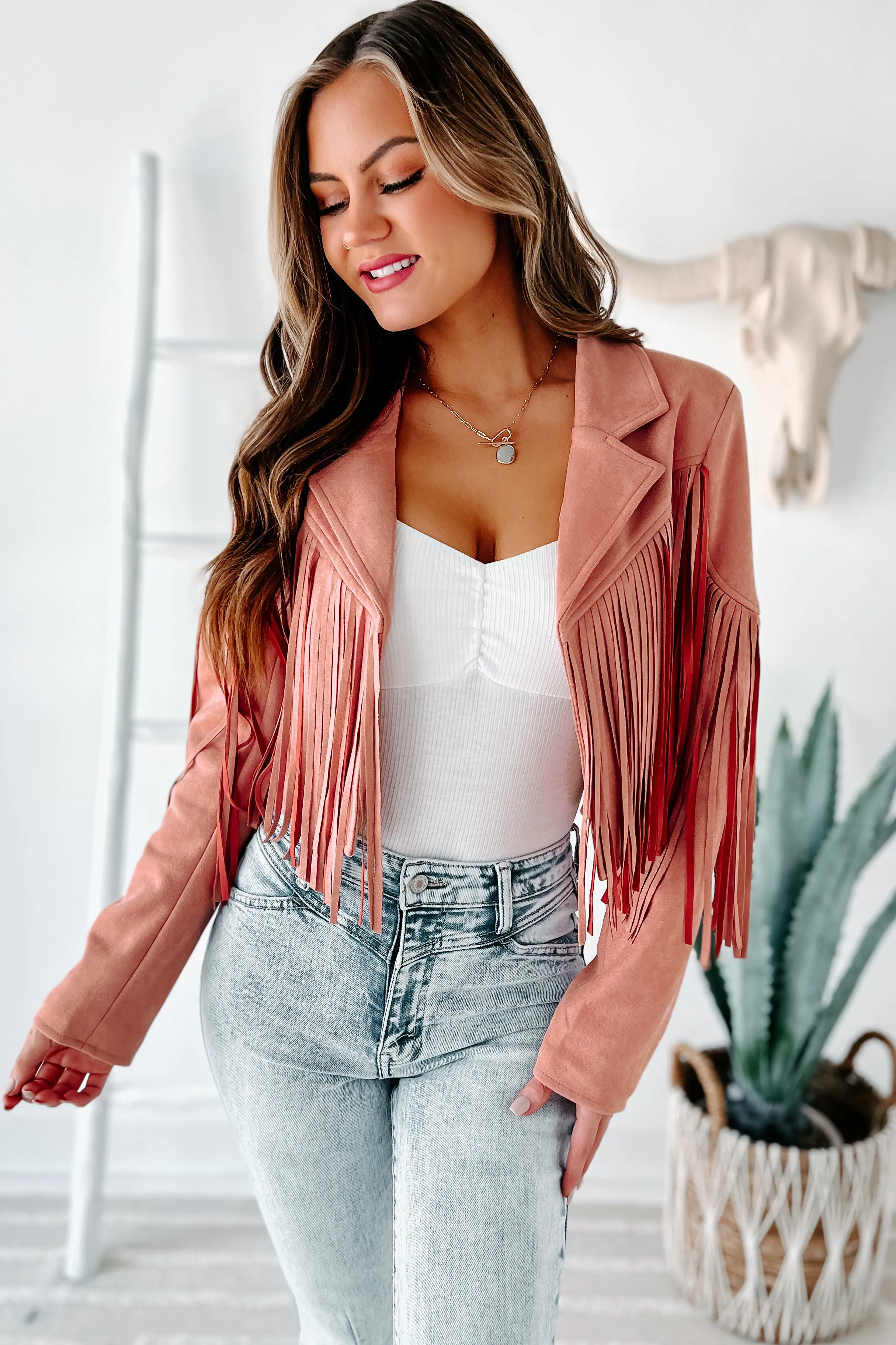 Daring Delight Faux Suede Fringe Jacket (Mauve)