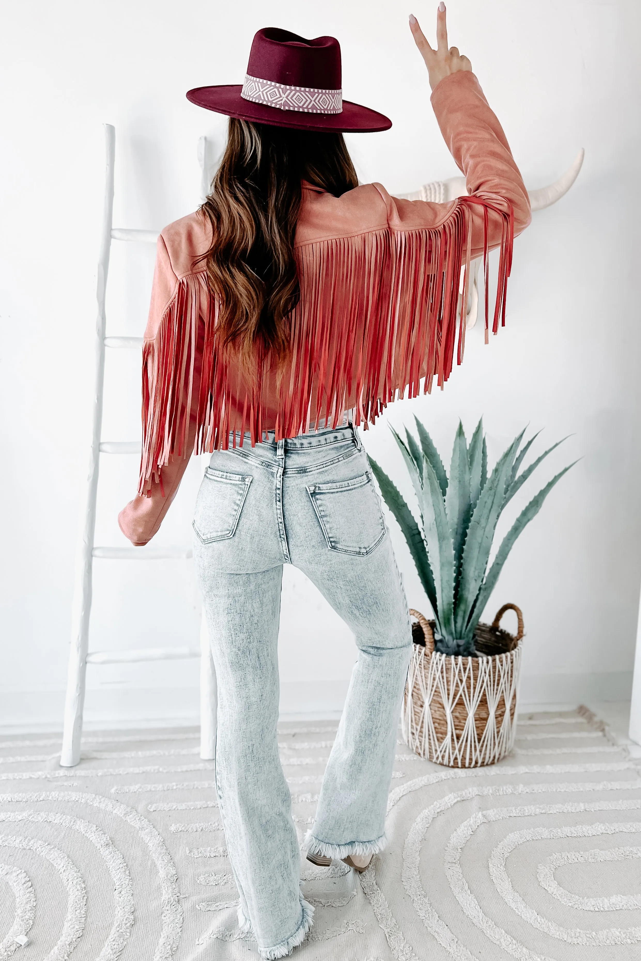 Daring Delight Faux Suede Fringe Jacket (Mauve)