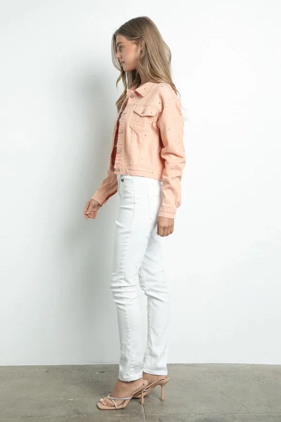Embellished Stretch Button Down Denim Jacket