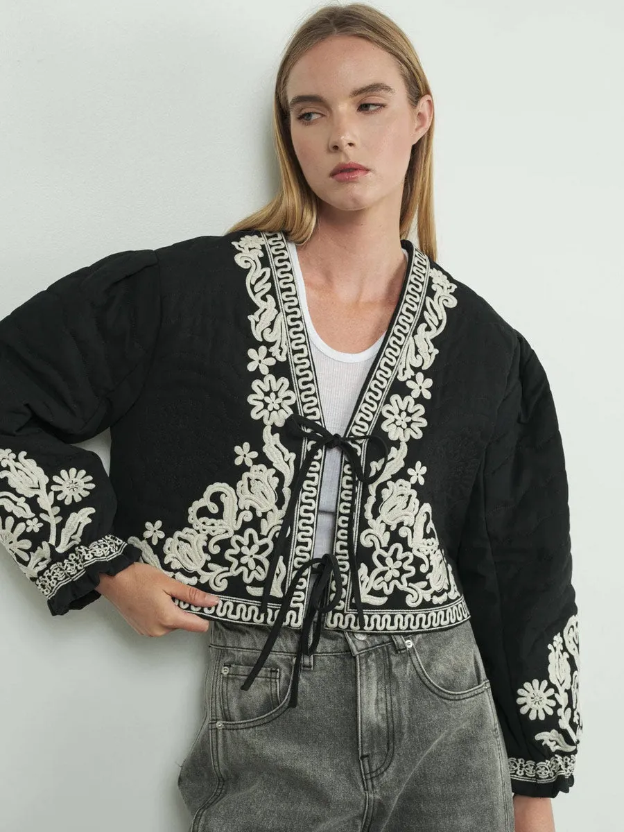 EMBROIDERED PUFF SLEEVE JACKET WITH TIE - BLACK