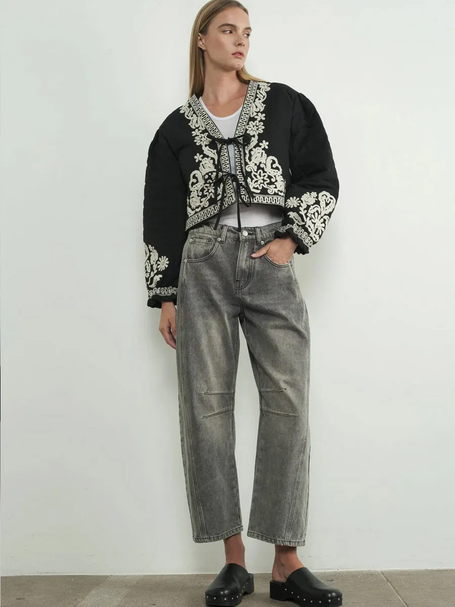 EMBROIDERED PUFF SLEEVE JACKET WITH TIE - BLACK