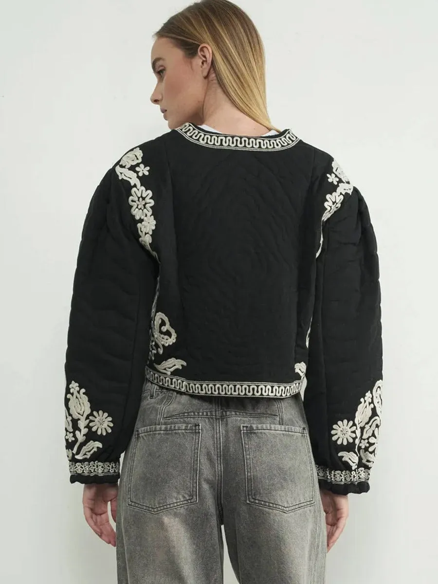EMBROIDERED PUFF SLEEVE JACKET WITH TIE - BLACK