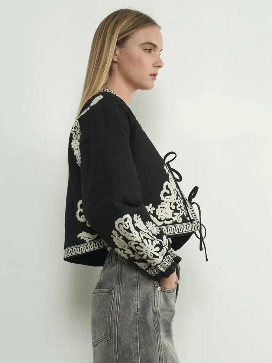 EMBROIDERED PUFF SLEEVE JACKET WITH TIE - BLACK