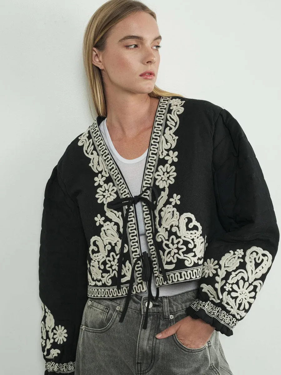 EMBROIDERED PUFF SLEEVE JACKET WITH TIE - BLACK