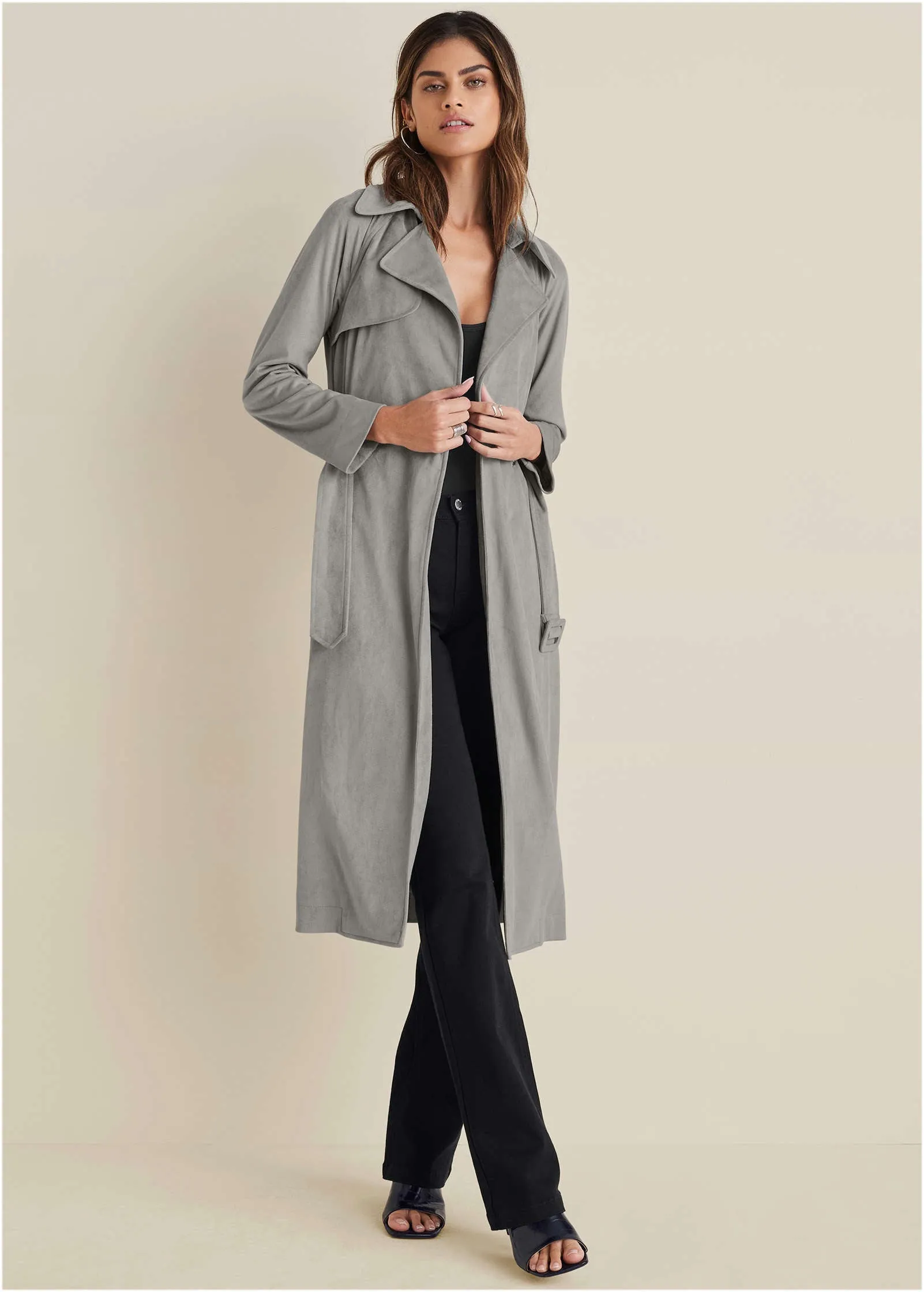 Faux Suede Trench Coat - Grey