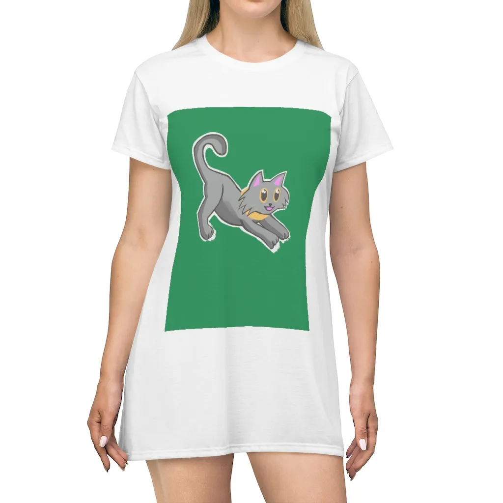 Grey Kitty All Over Print T-Shirt Dress