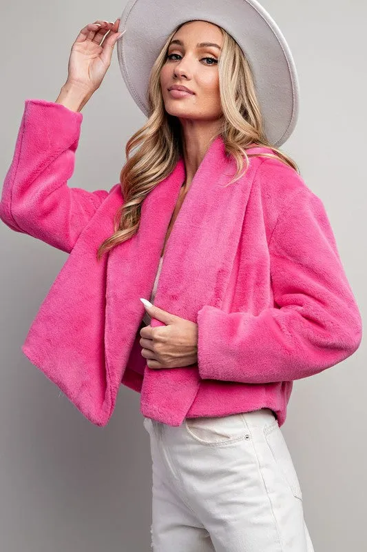 Hot Pink Solid Teddy Fur Open Jacket