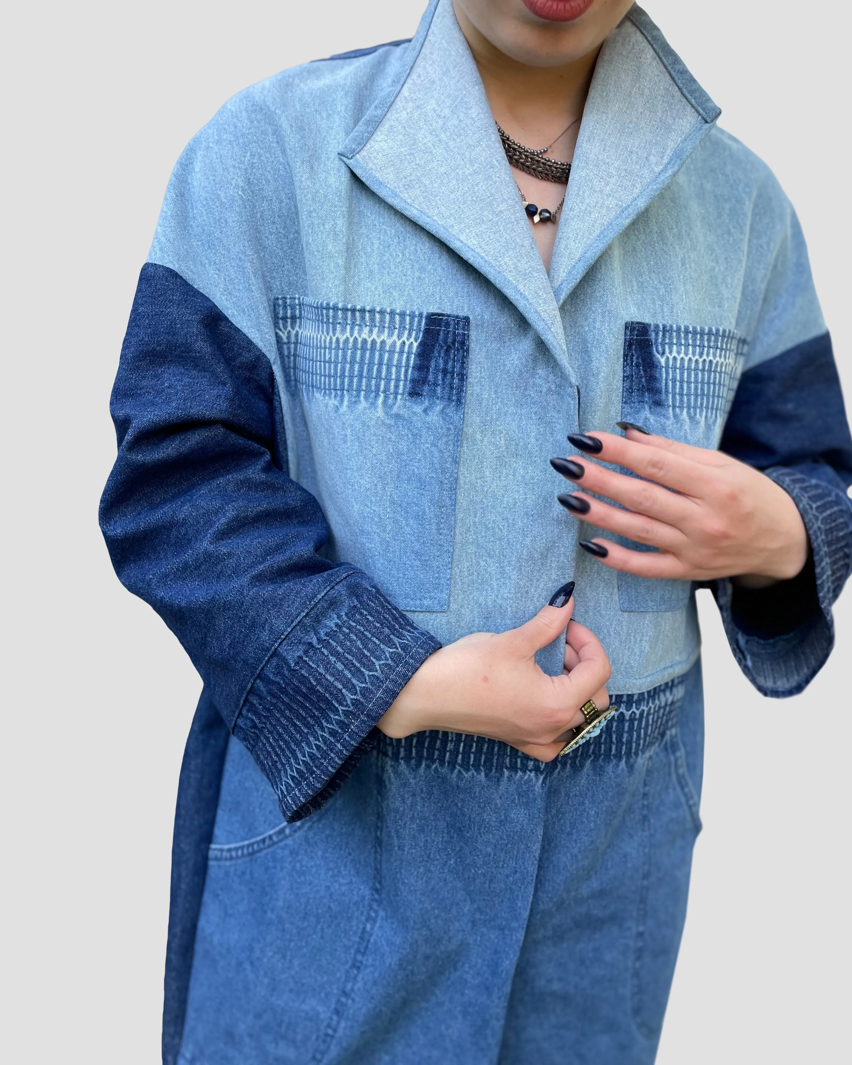Long Upcycled Denim A-Line Coat