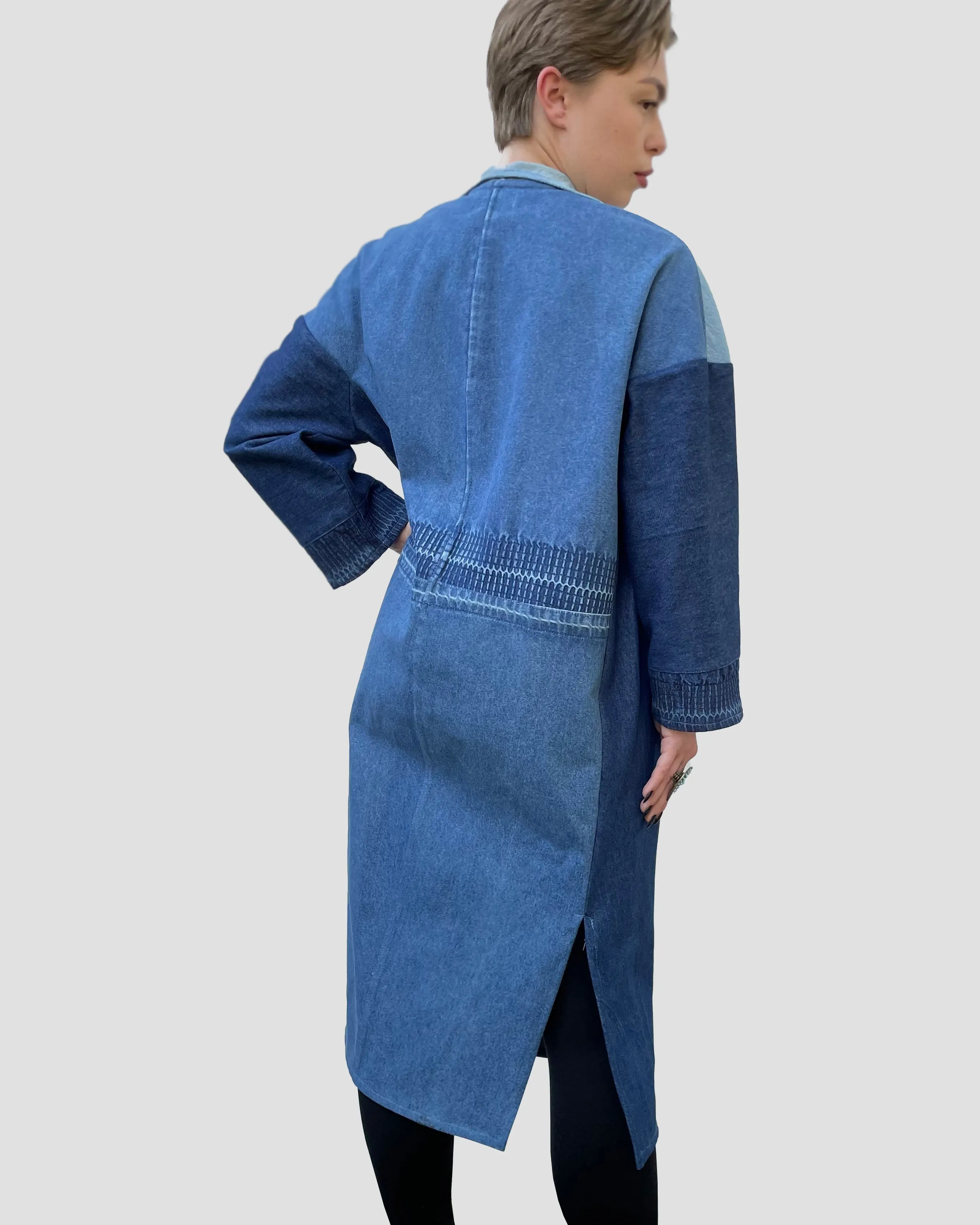 Long Upcycled Denim A-Line Coat