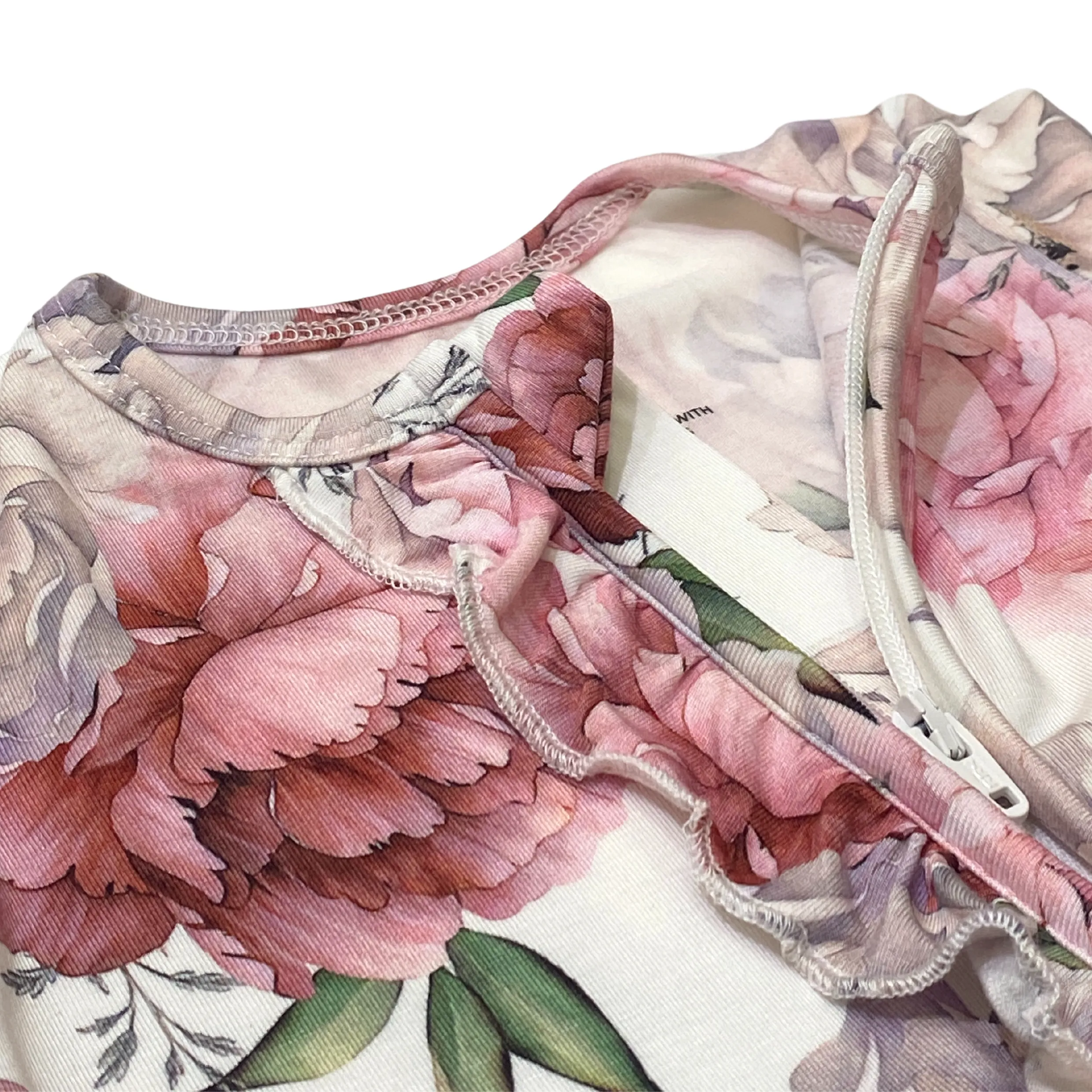 Organic Bamboo Viscose Ruffle Zipper Romper with Feet Grip - Peony Print