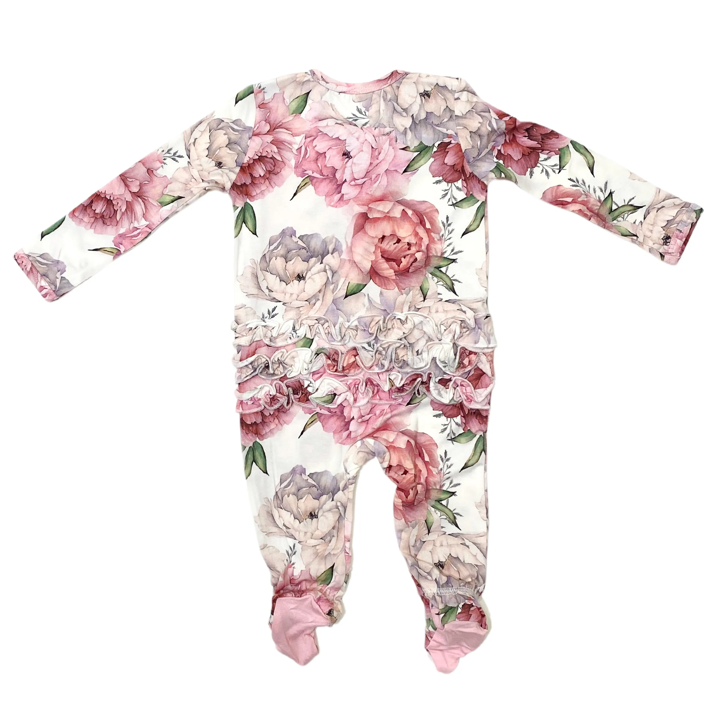 Organic Bamboo Viscose Ruffle Zipper Romper with Feet Grip - Peony Print