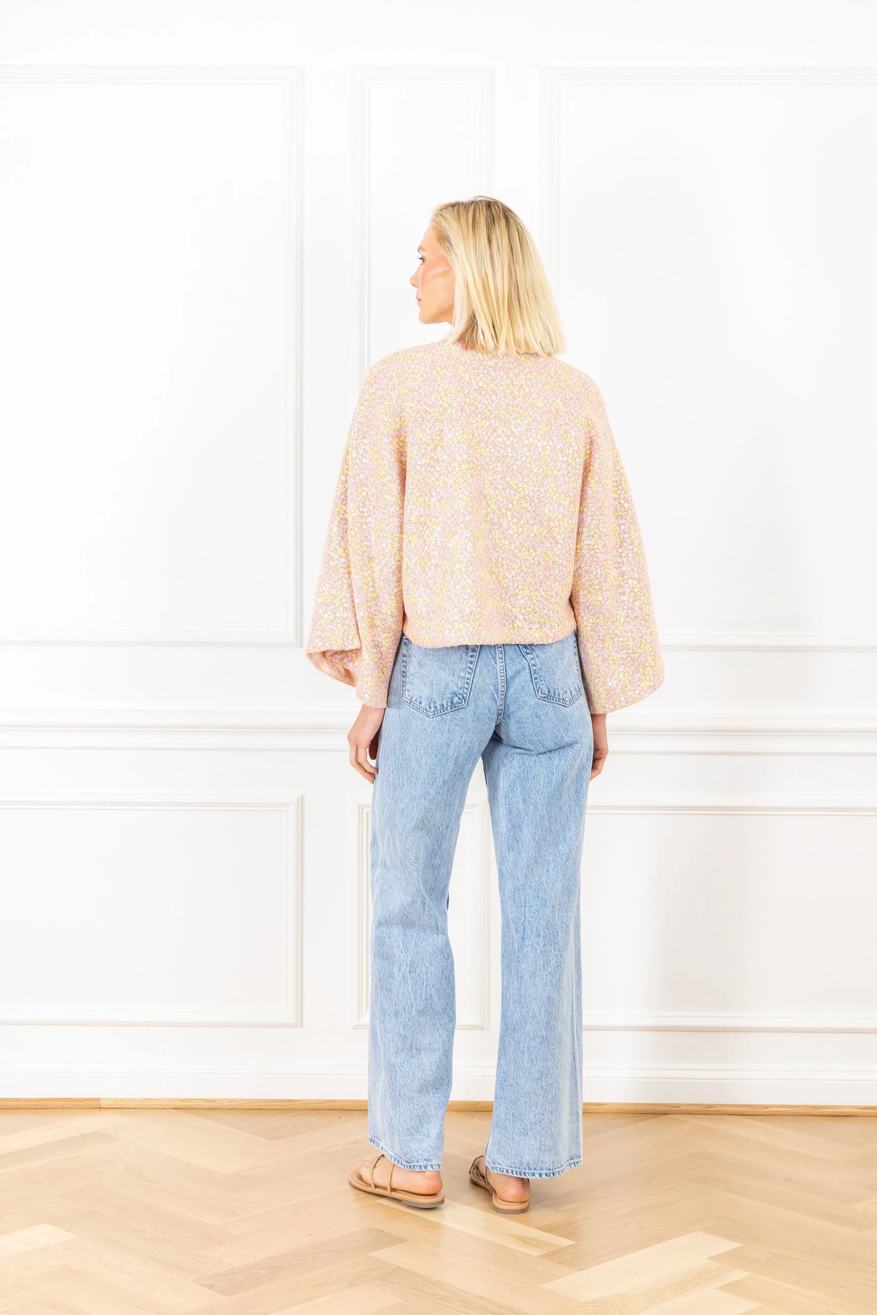 Peach Sequin Knit Cropped Jacket