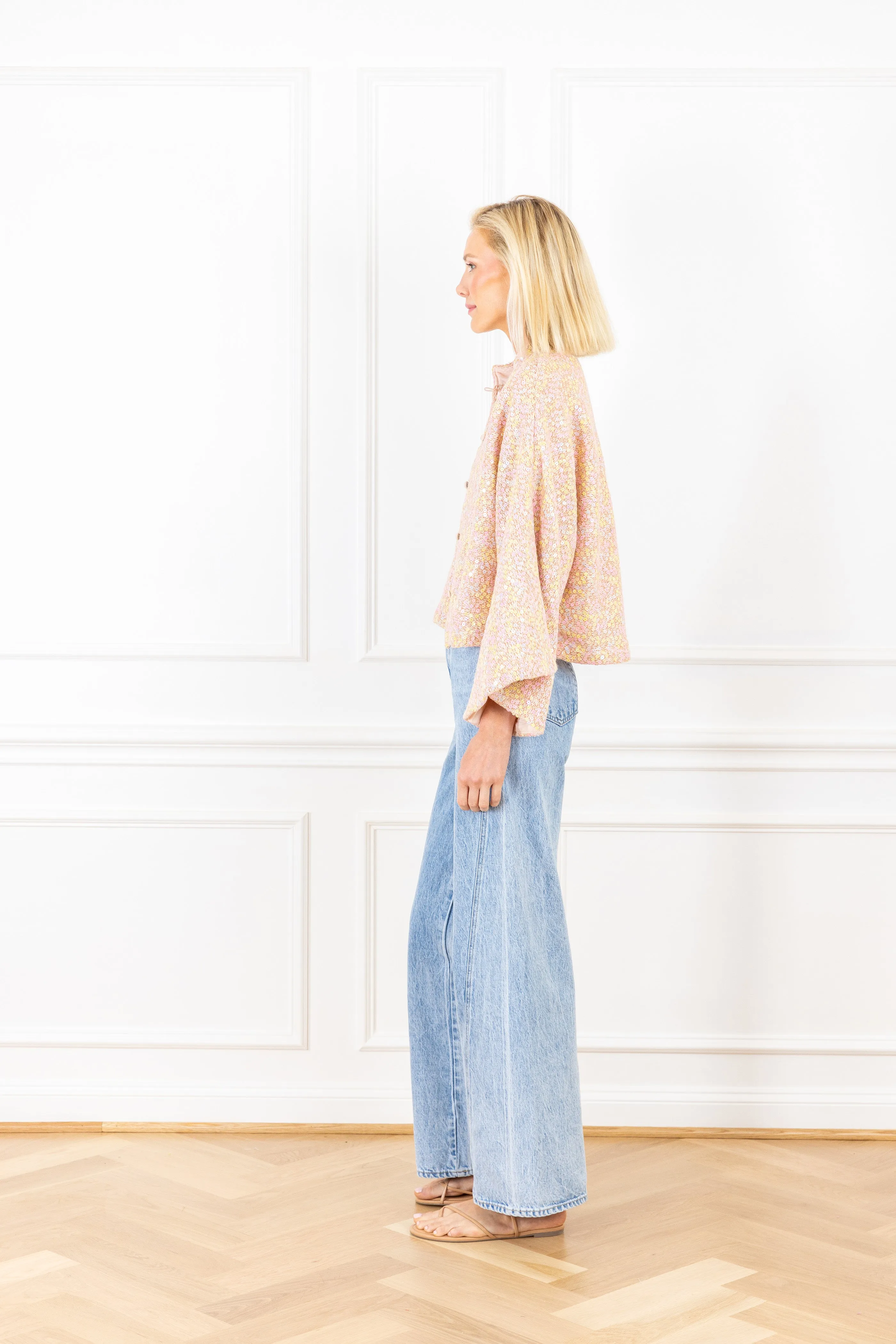 Peach Sequin Knit Cropped Jacket