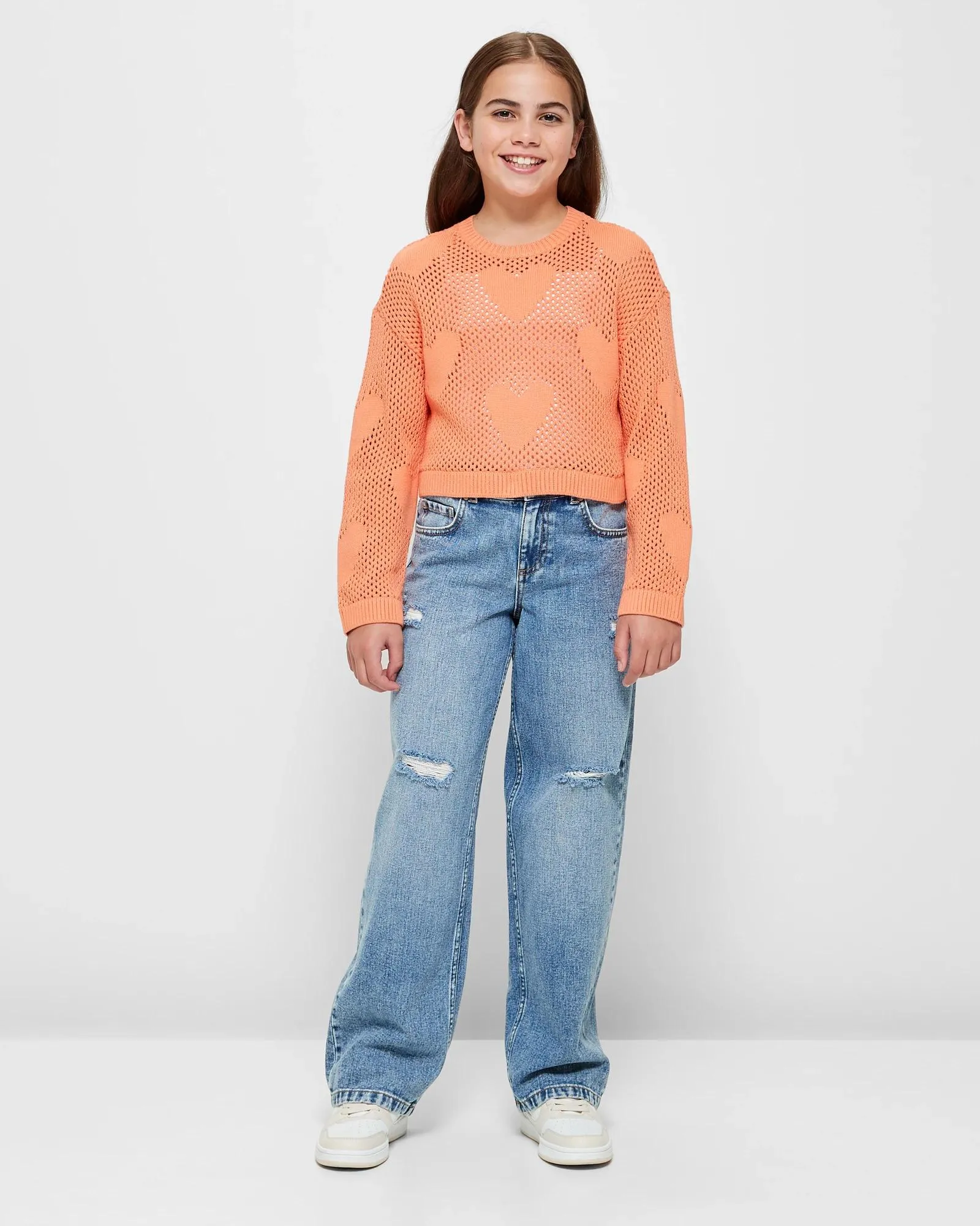 popular  Open Knit Crew Neck Jumper - Orange